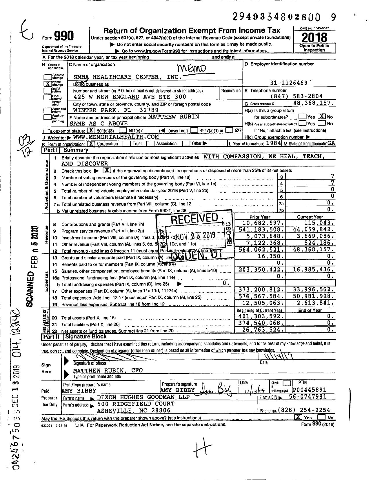 Image of first page of 2018 Form 990 for Smha Healthcare Center (MUMC)