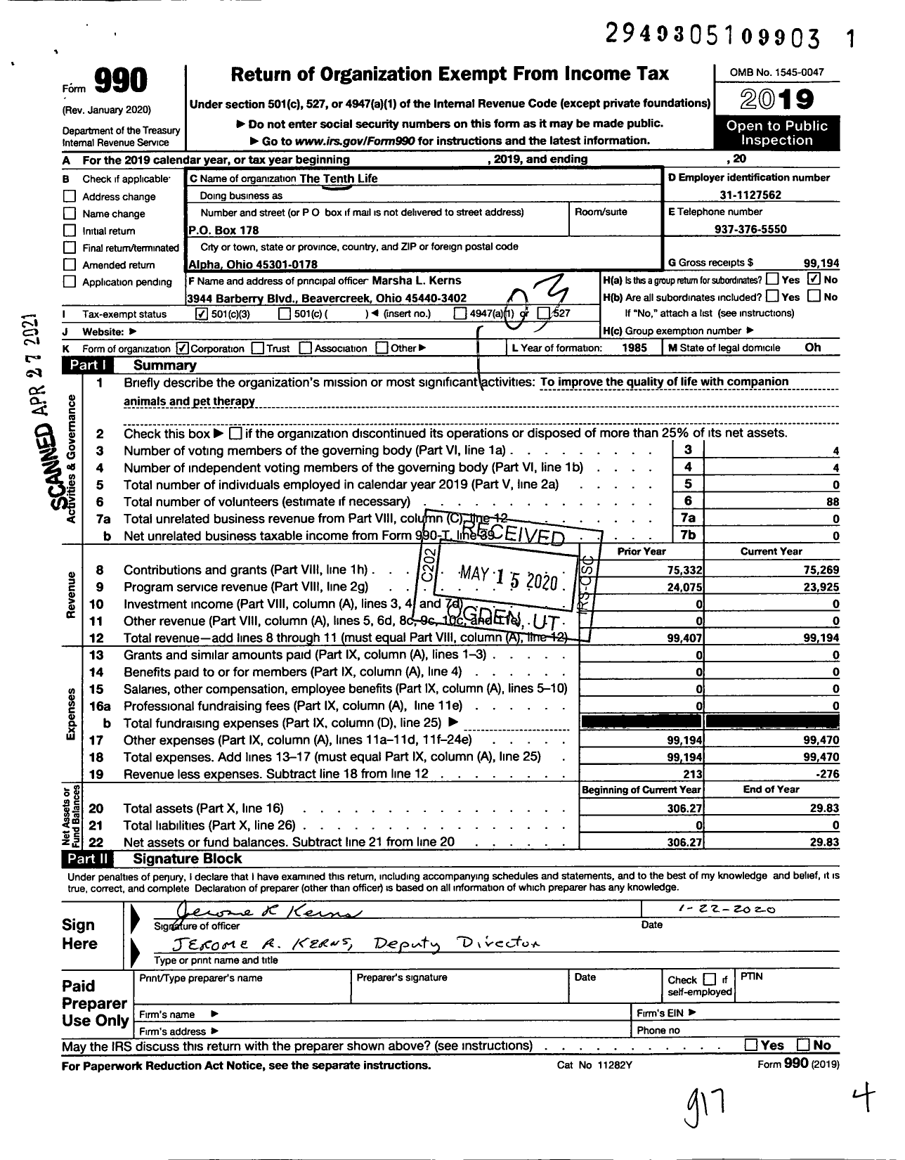 Image of first page of 2019 Form 990 for Tenth Life