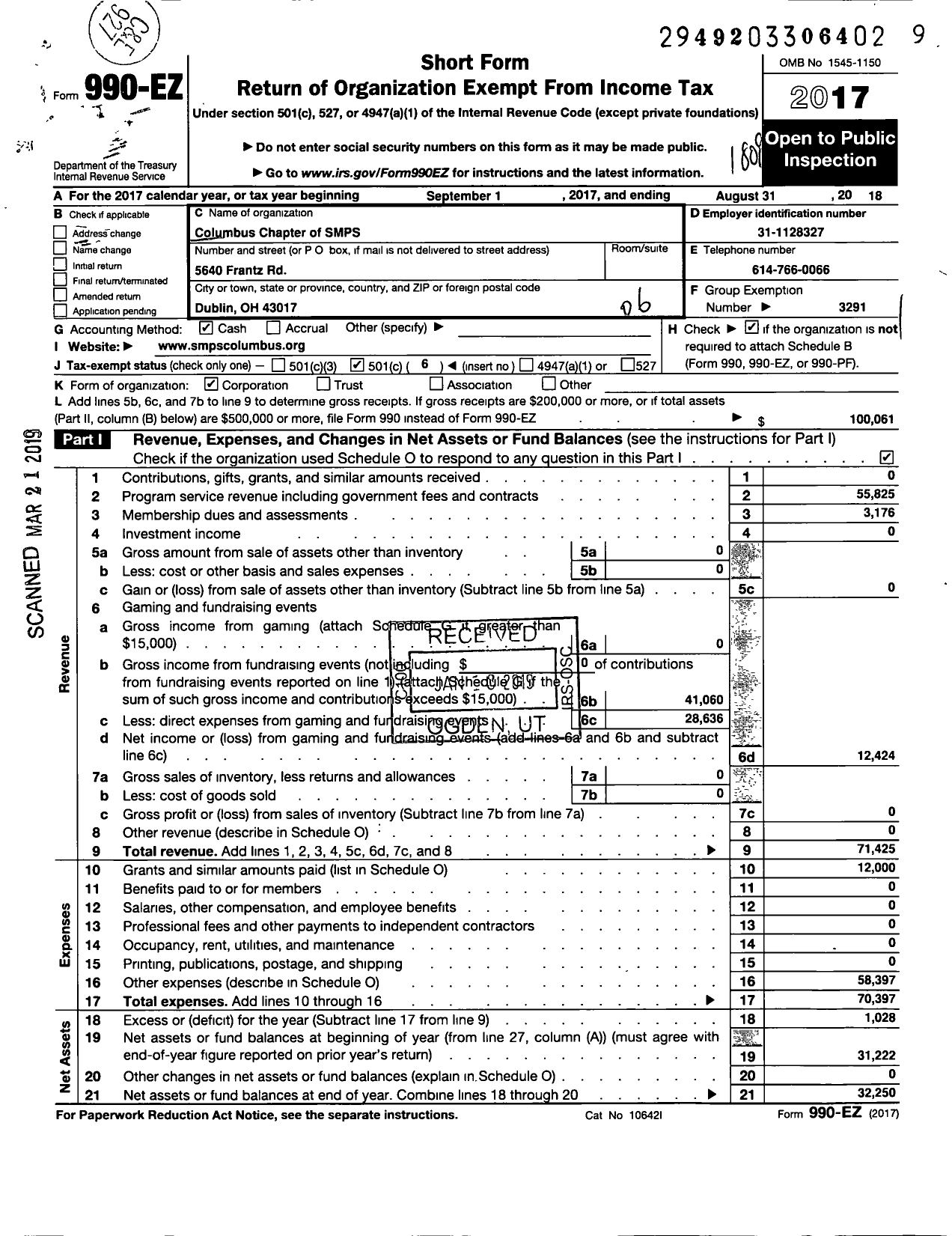 Image of first page of 2017 Form 990EO for SMPS Columbus