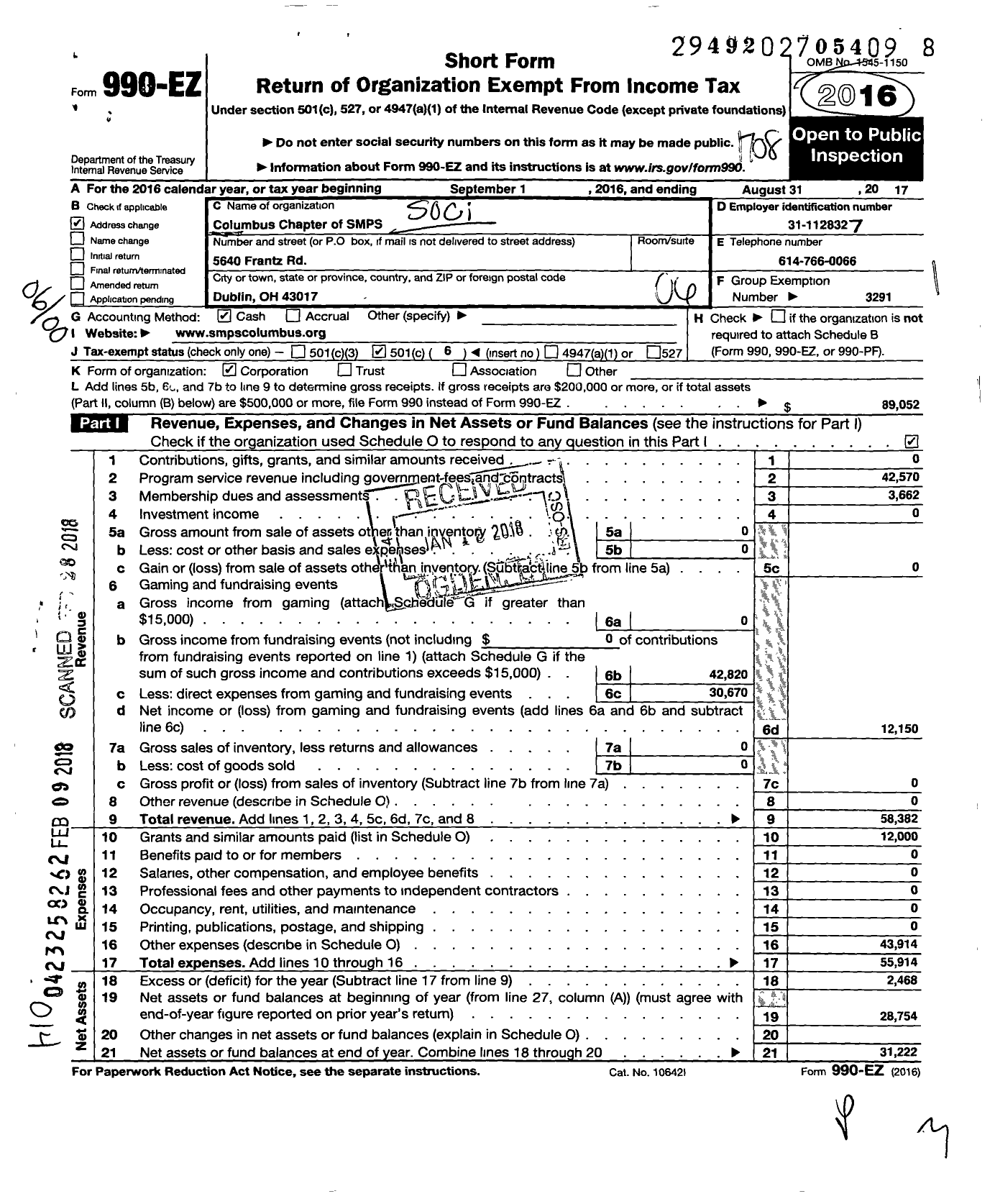 Image of first page of 2016 Form 990EO for SMPS Columbus