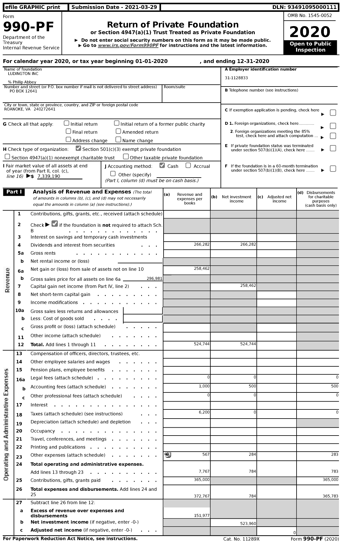 Image of first page of 2020 Form 990PF for Ludington
