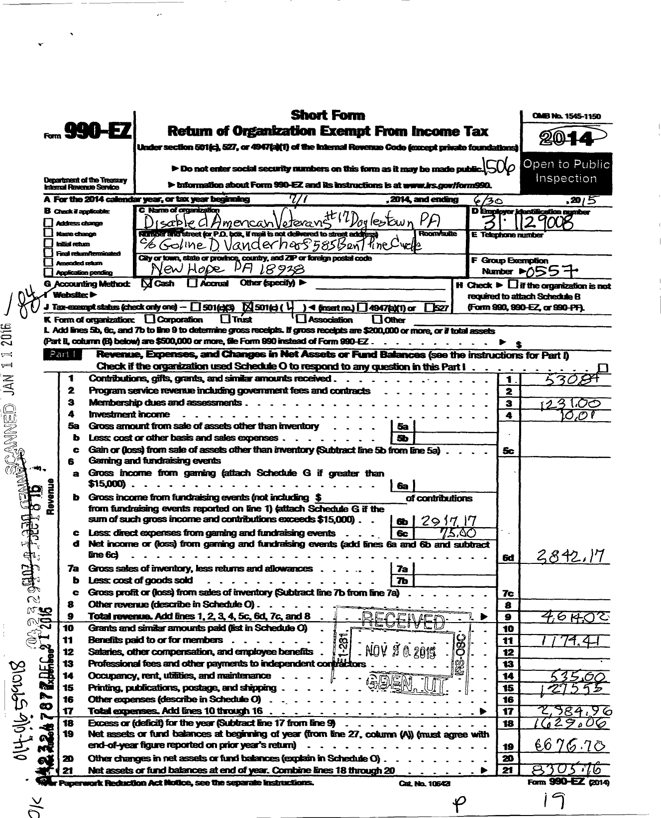 Image of first page of 2014 Form 990EO for Disabled American Veterans - 17 Doylestown