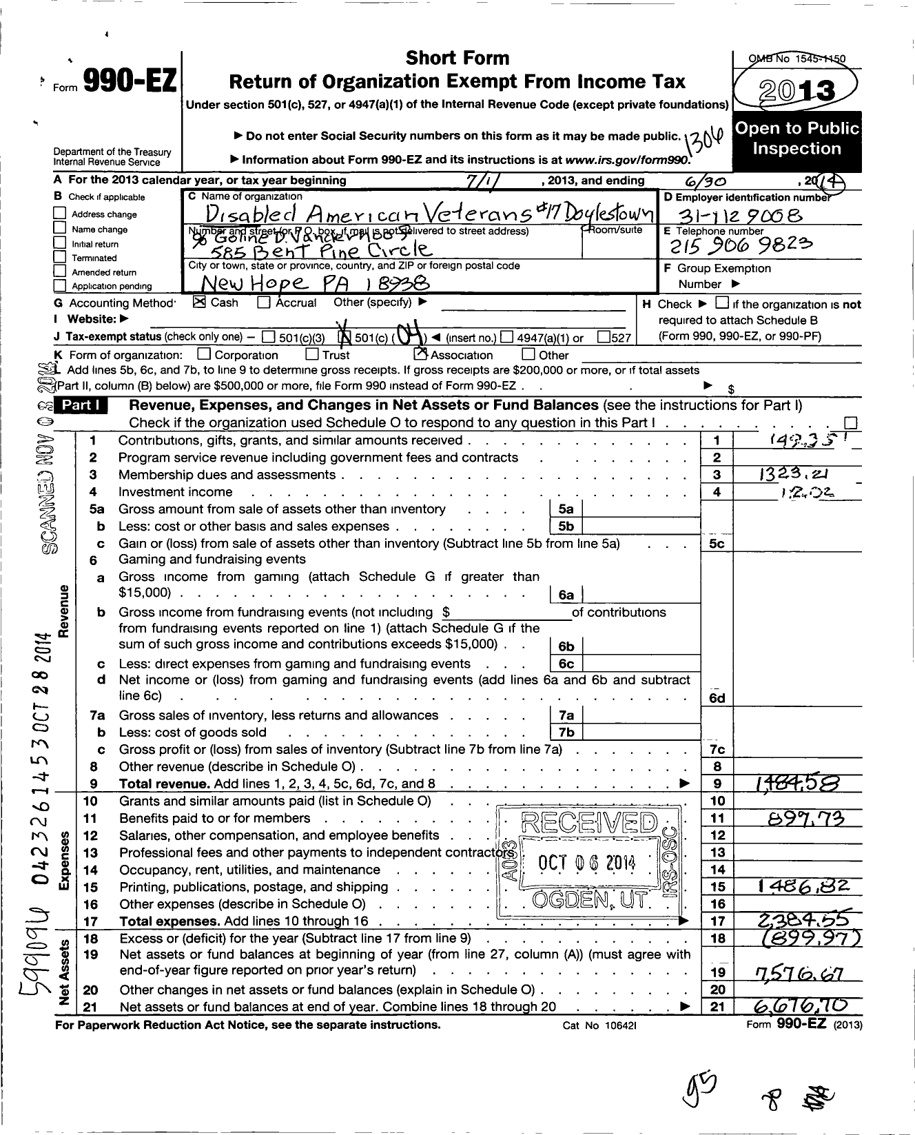 Image of first page of 2012 Form 990EO for Disabled American Veterans - 17 Doylestown