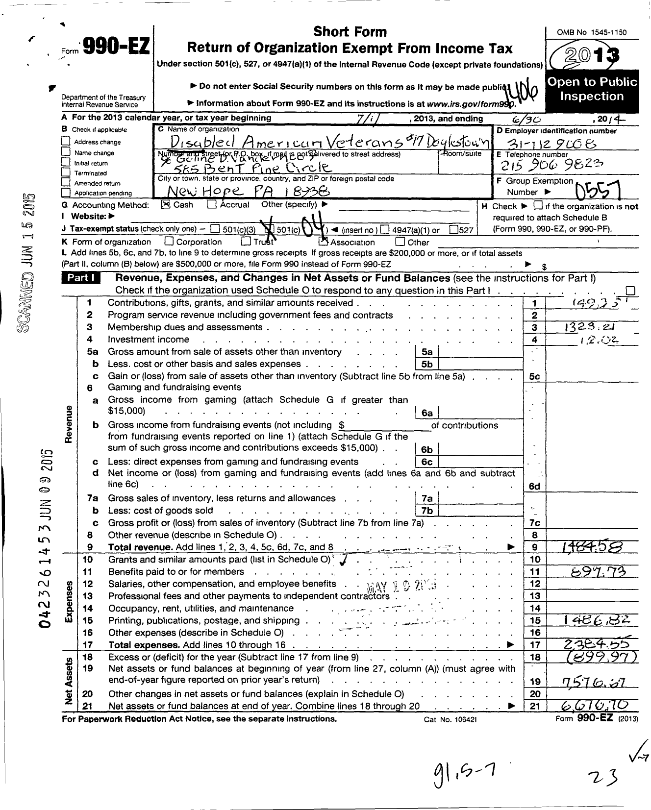 Image of first page of 2013 Form 990EO for Disabled American Veterans - 17 Doylestown