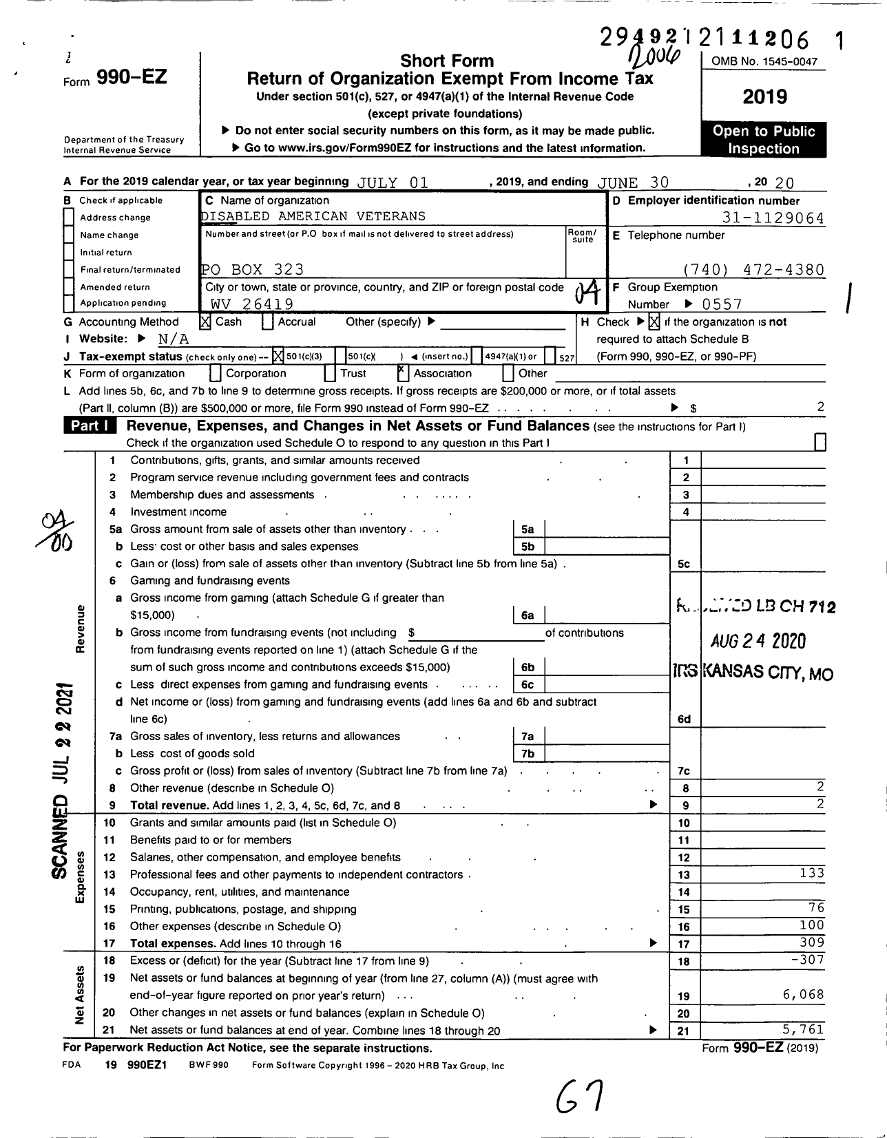 Image of first page of 2019 Form 990EO for Disabled American Veterans - 4 New Martinsville