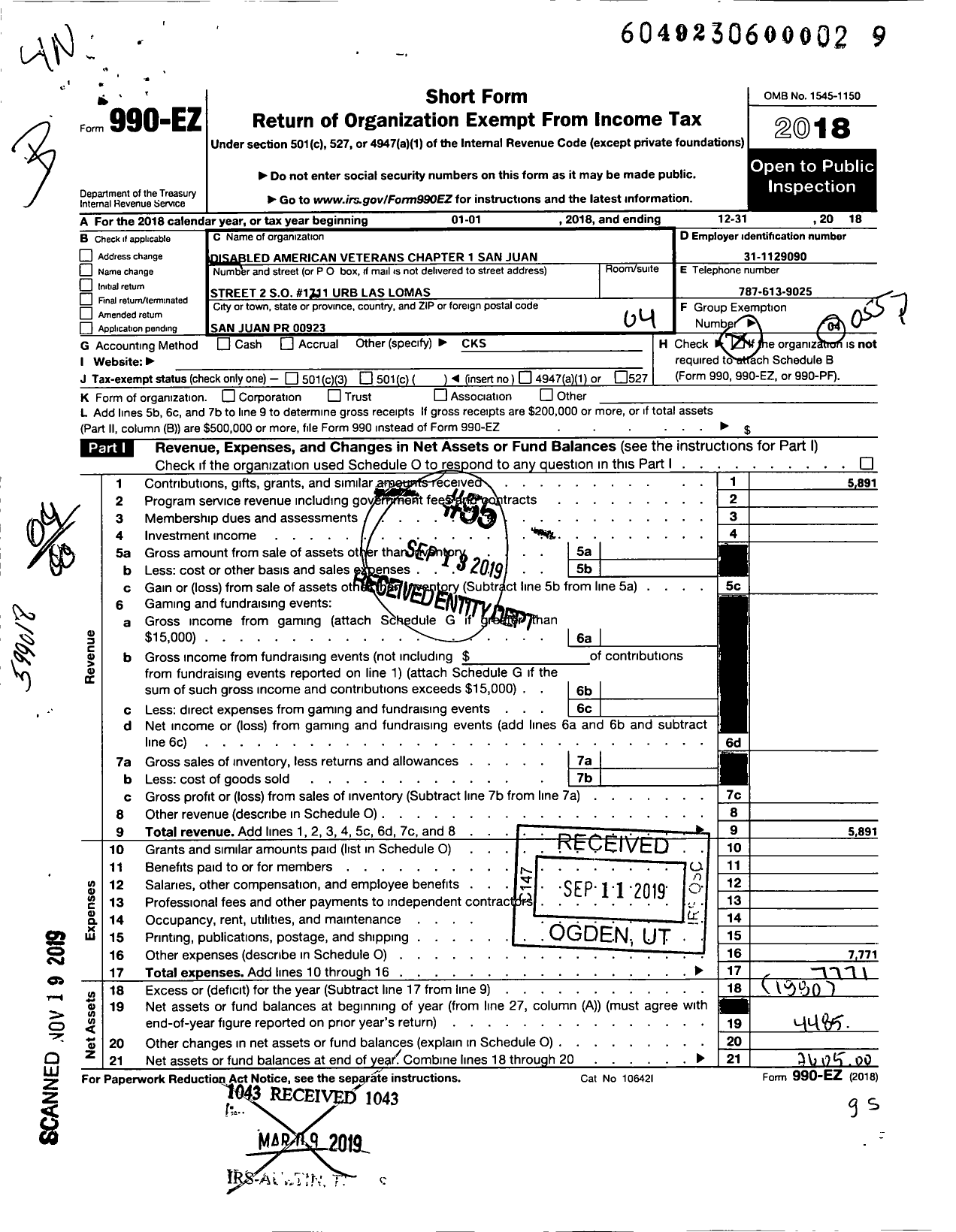 Image of first page of 2018 Form 990EO for Disabled American Veterans