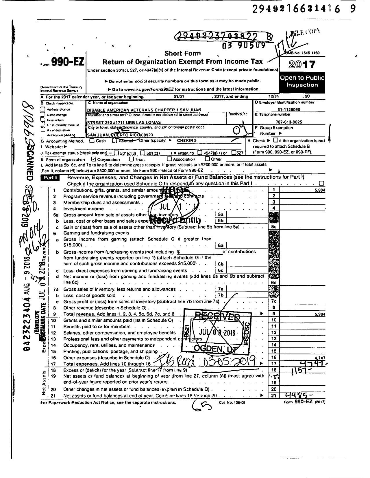 Image of first page of 2017 Form 990EO for Disabled American Veterans