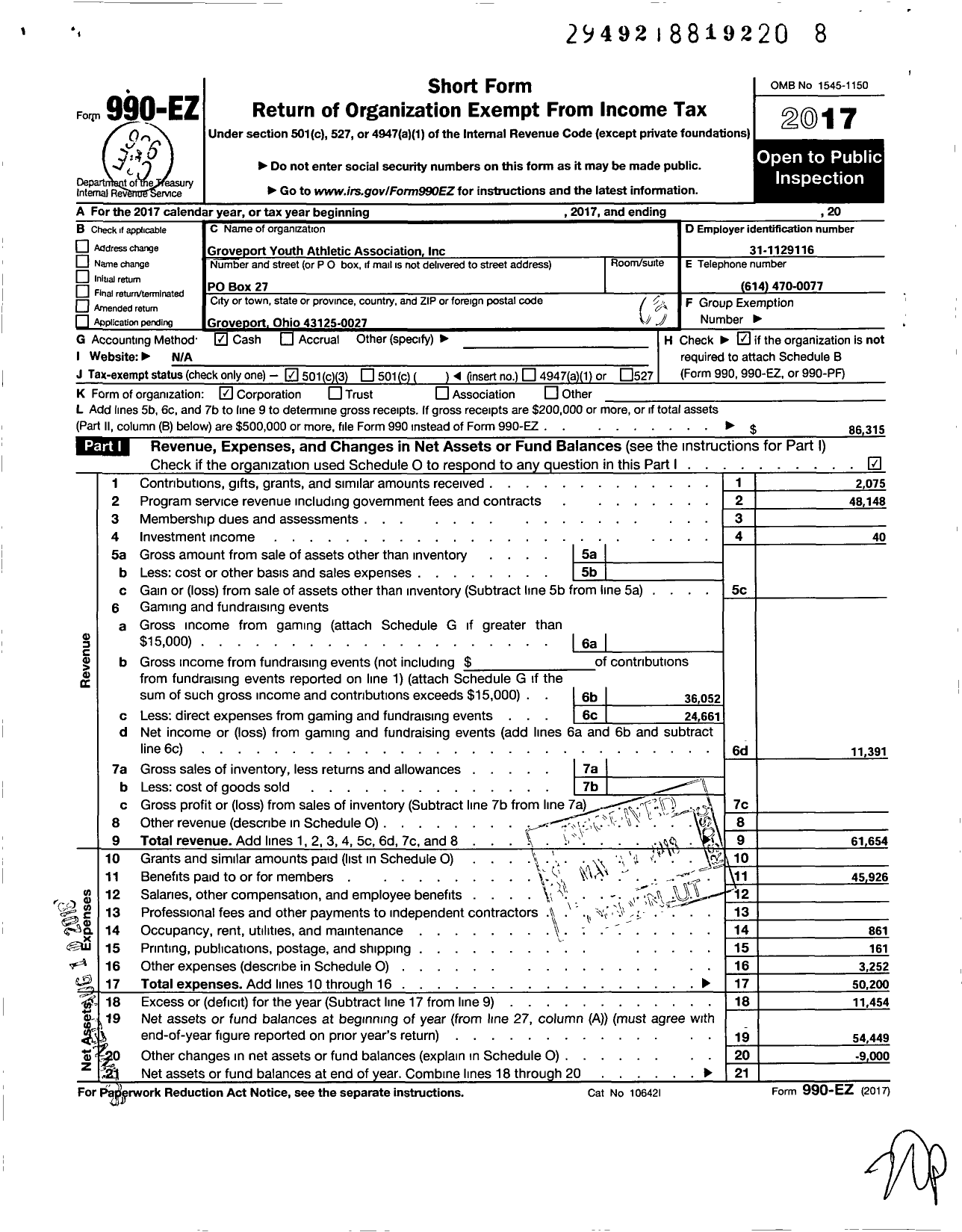 Image of first page of 2017 Form 990EZ for Groveport Youth Athletic Association