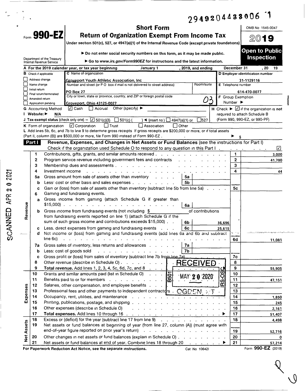 Image of first page of 2019 Form 990EZ for Groveport Youth Athletic Association