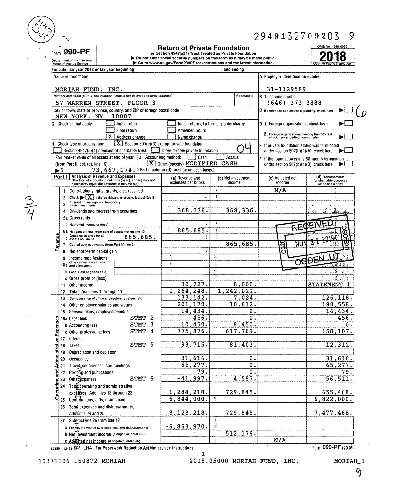 Image of first page of 2018 Form 990PF for Moriah Fund