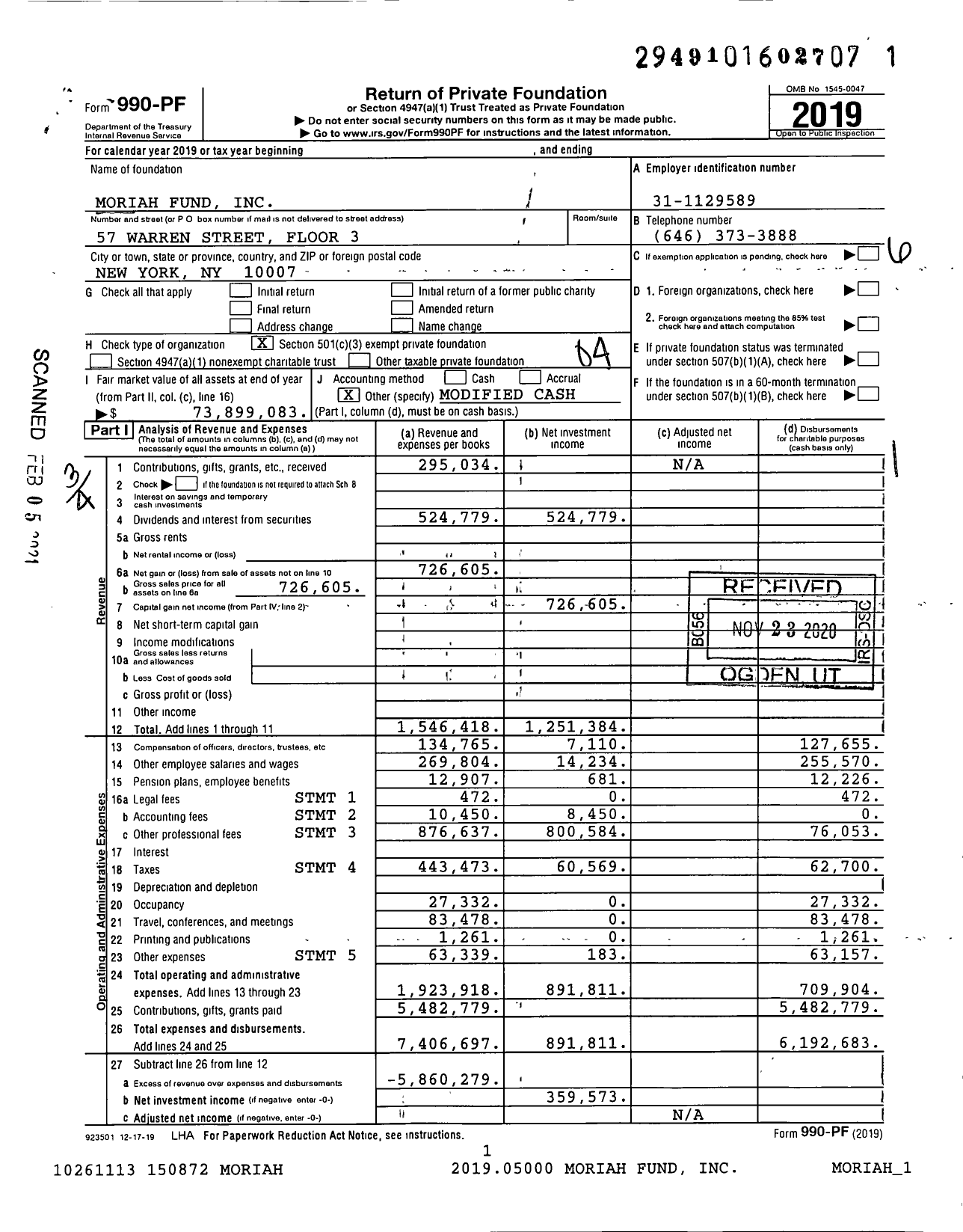 Image of first page of 2019 Form 990PF for Moriah Fund