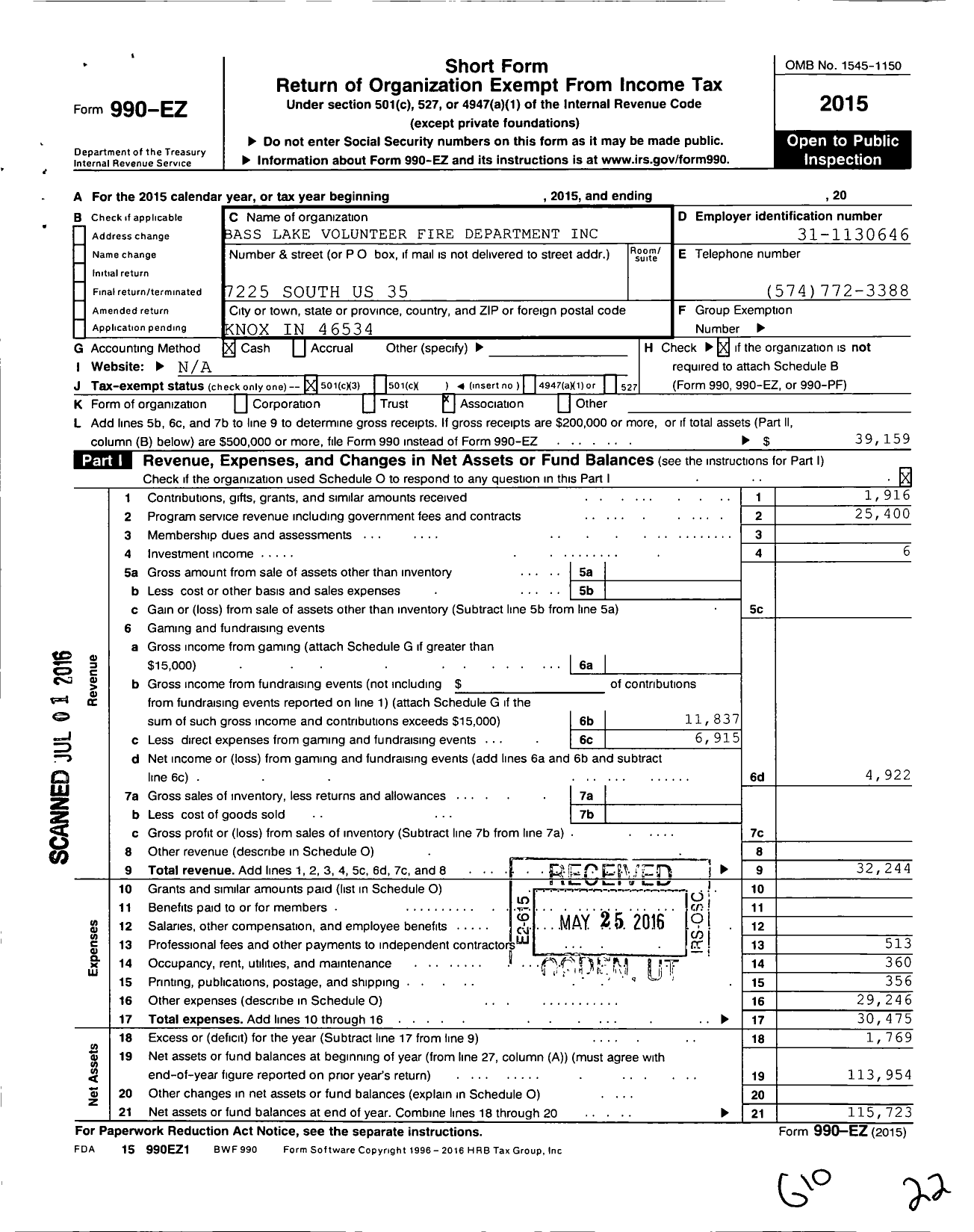 Image of first page of 2015 Form 990EZ for Bass Lake Fire Dept