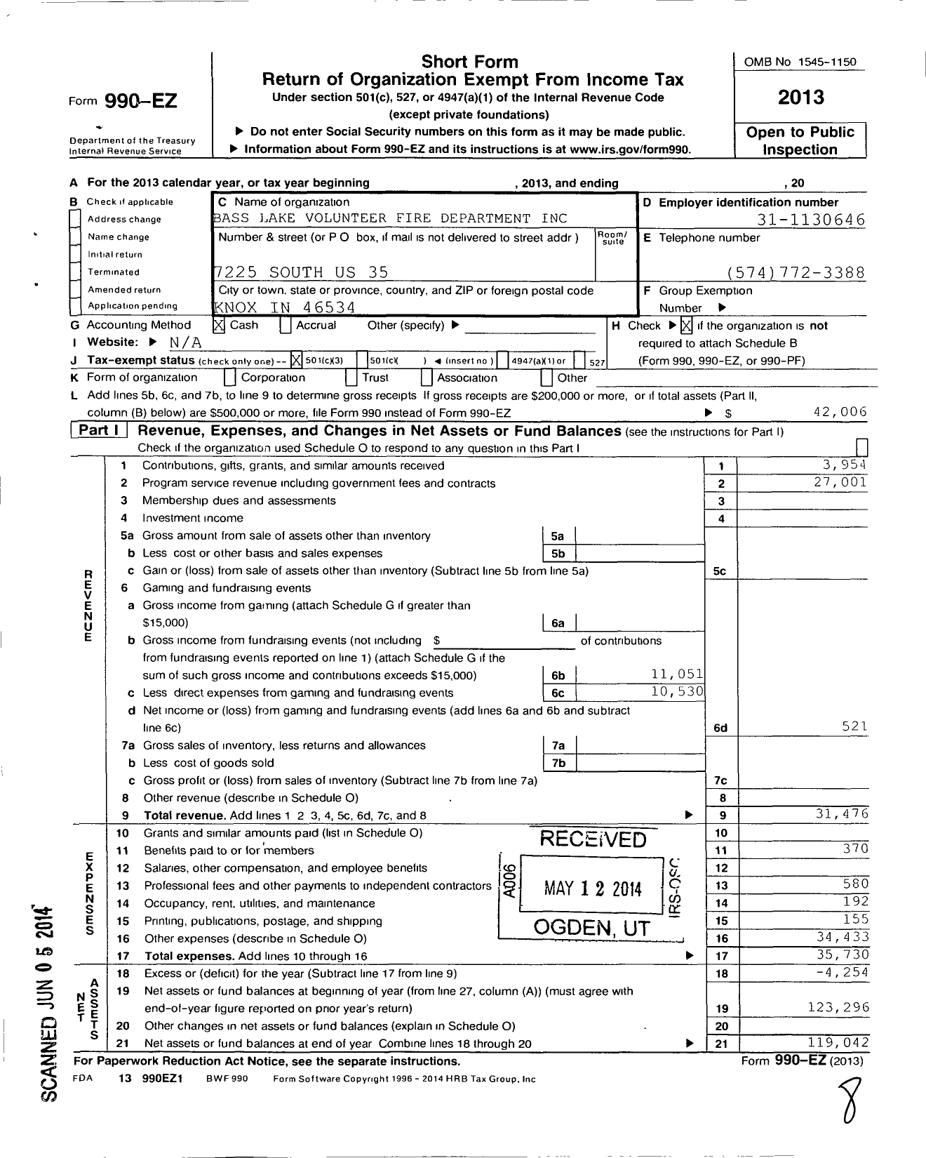 Image of first page of 2013 Form 990EZ for Bass Lake Fire Dept