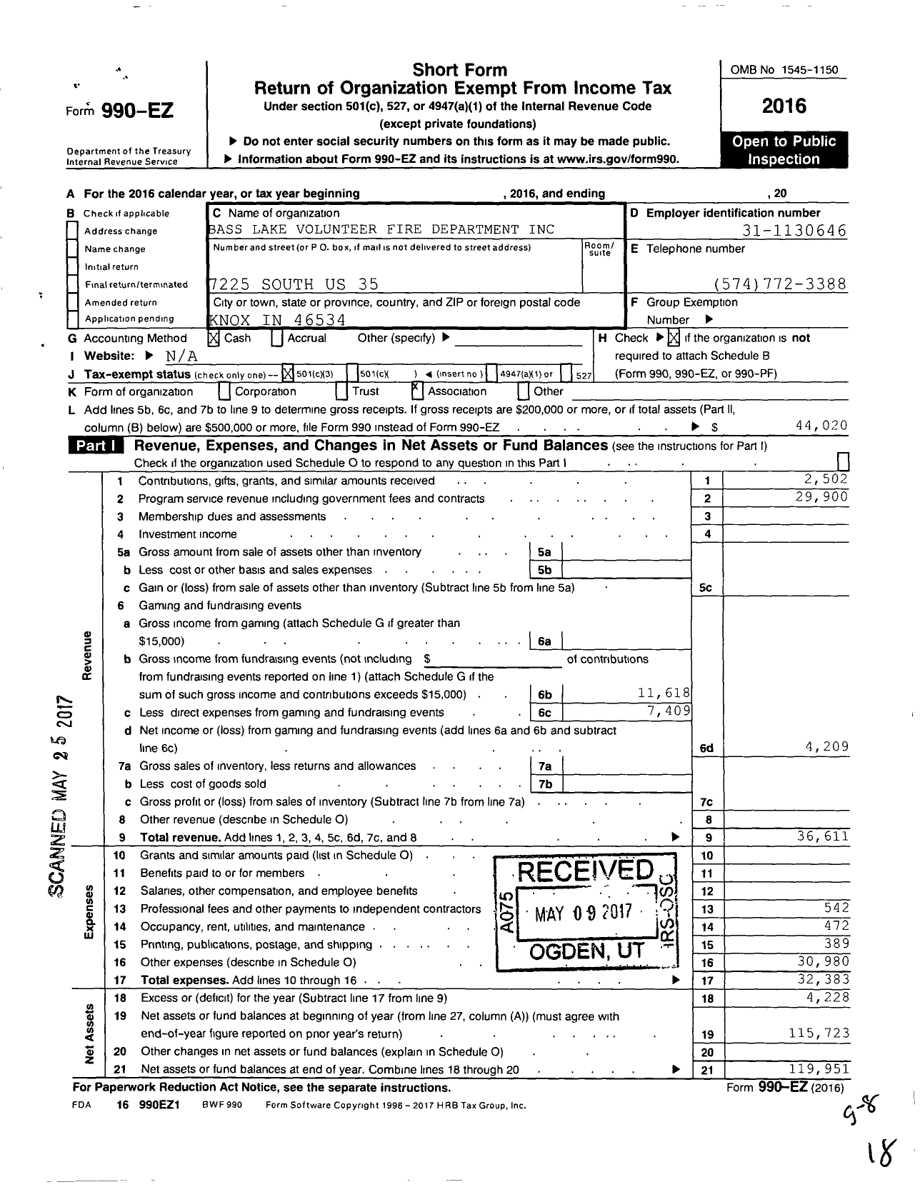 Image of first page of 2016 Form 990EZ for Bass Lake Fire Dept