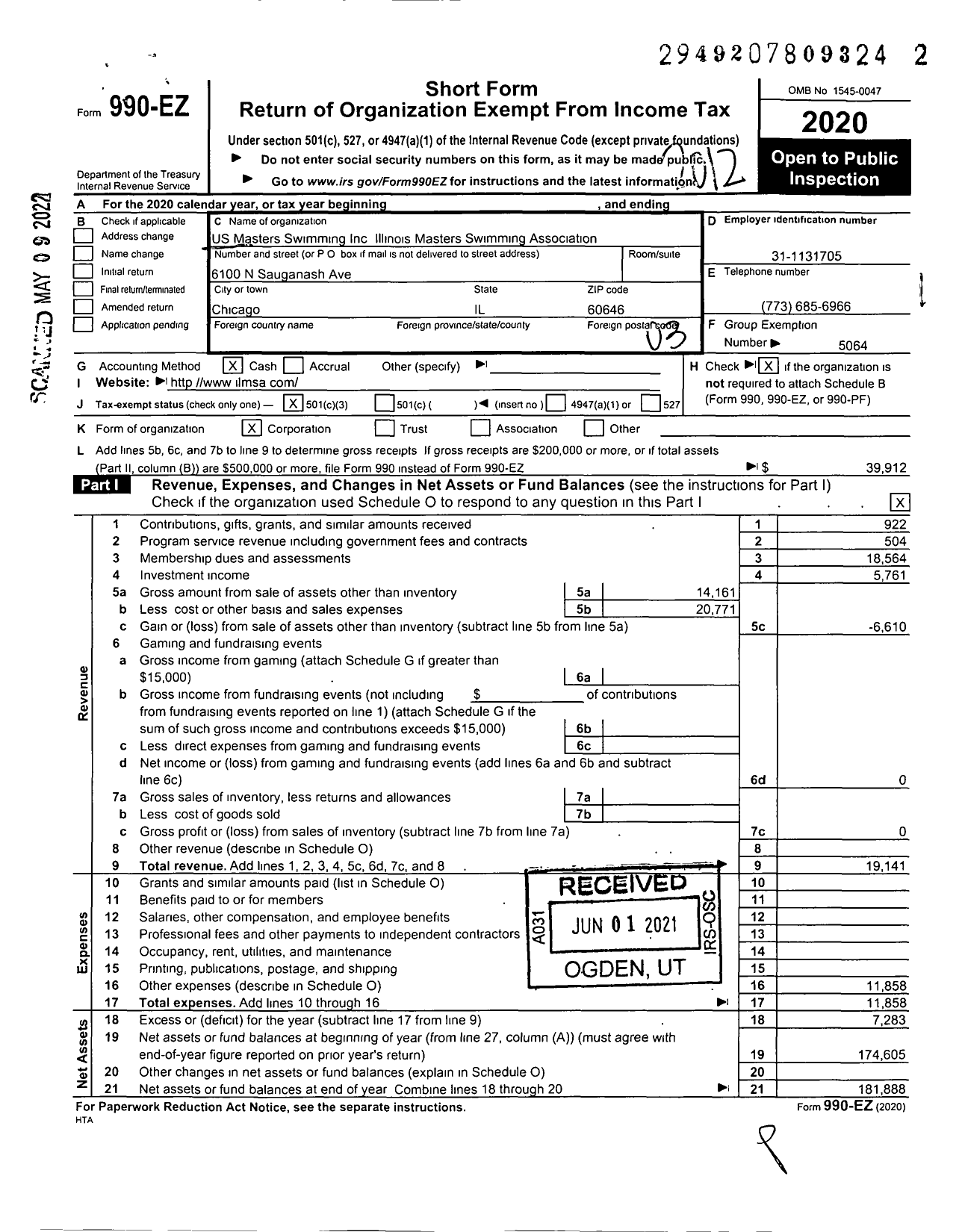 Image of first page of 2020 Form 990EZ for US Masters Swimming Inc Illinois Masters Swimming Association