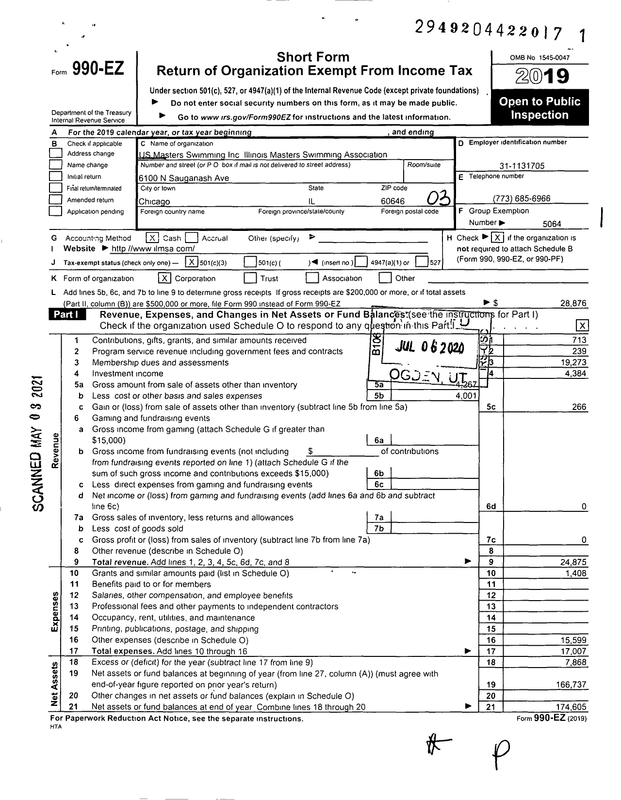 Image of first page of 2019 Form 990EZ for US Masters Swimming Inc Illinois Masters Swimming Association