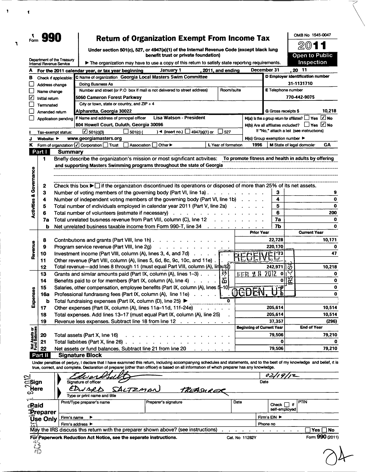 Image of first page of 2011 Form 990 for United States Masters Swimming / Georgia Masters Swimming Committee