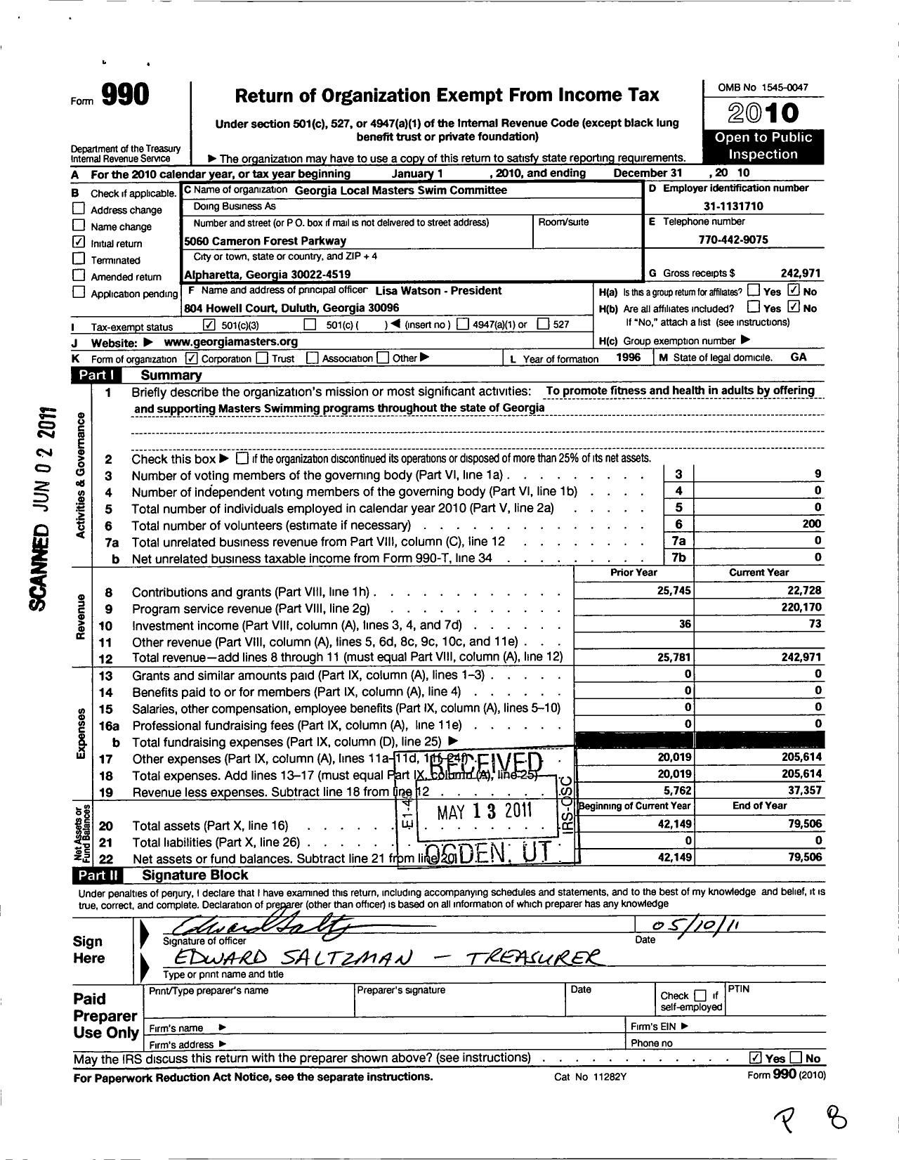 Image of first page of 2010 Form 990 for United States Masters Swimming / Georgia Masters Swimming Committee