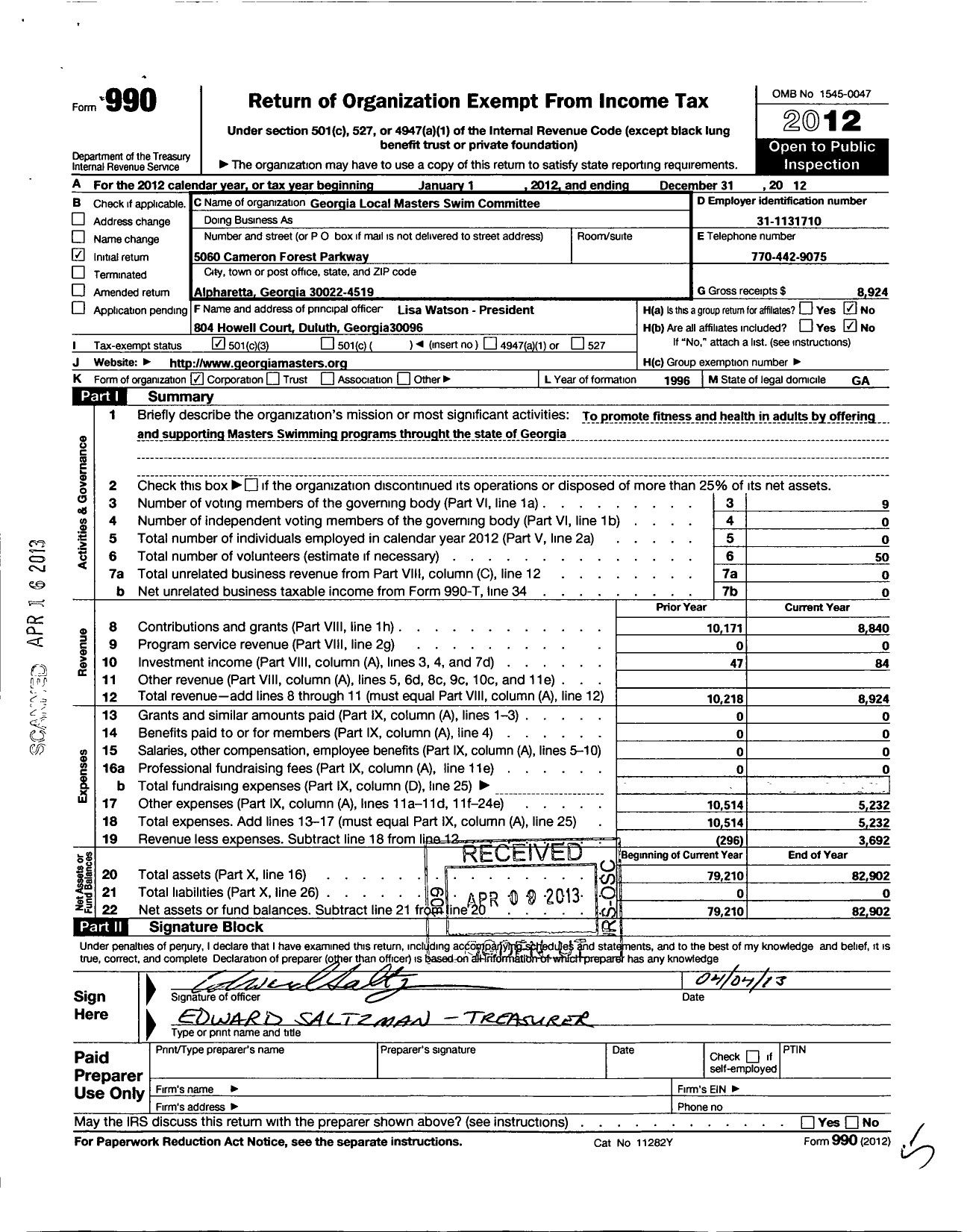 Image of first page of 2012 Form 990 for United States Masters Swimming / Georgia Masters Swimming Committee