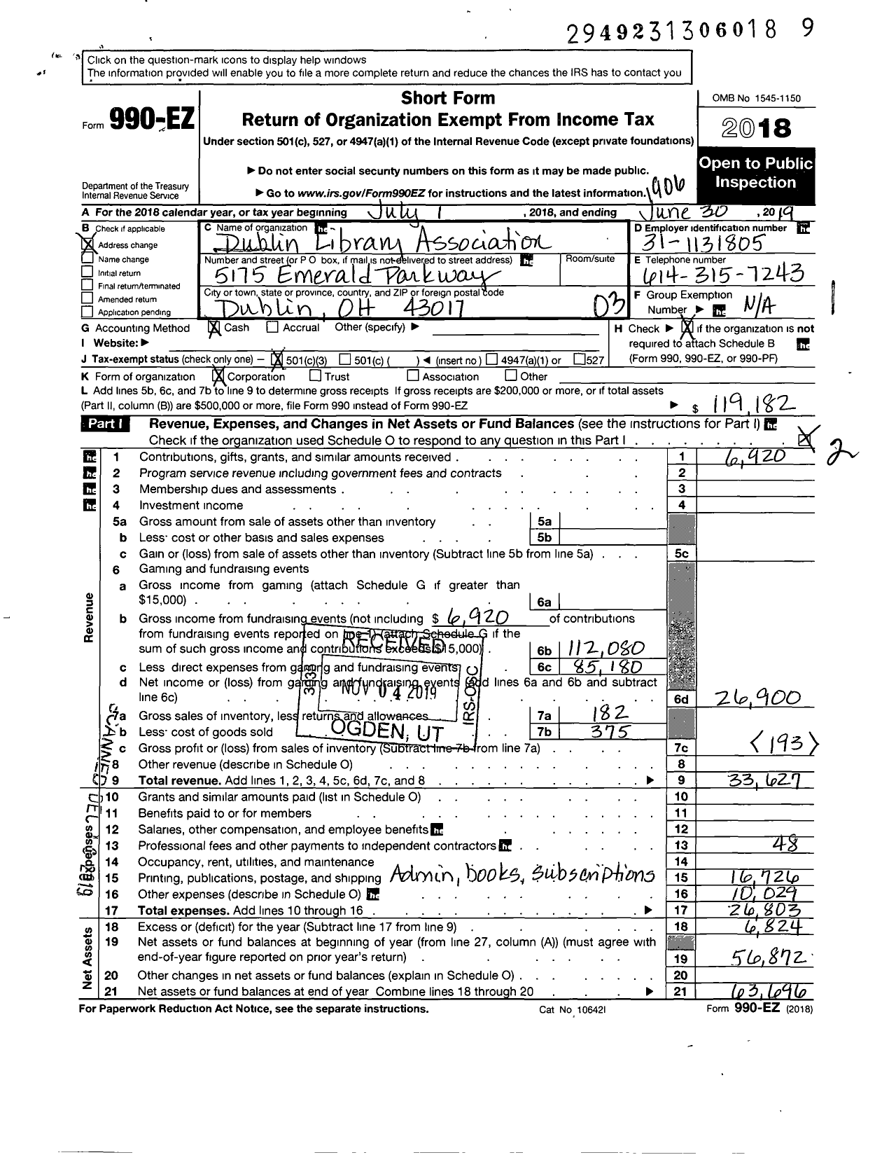 Image of first page of 2018 Form 990EZ for Dublin Library Association