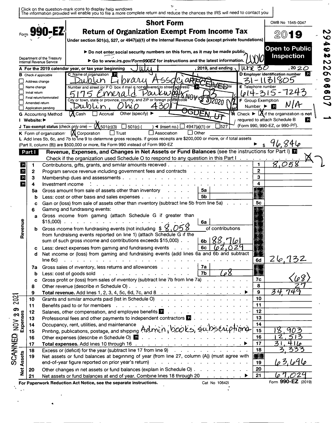 Image of first page of 2019 Form 990EZ for Dublin Library Association