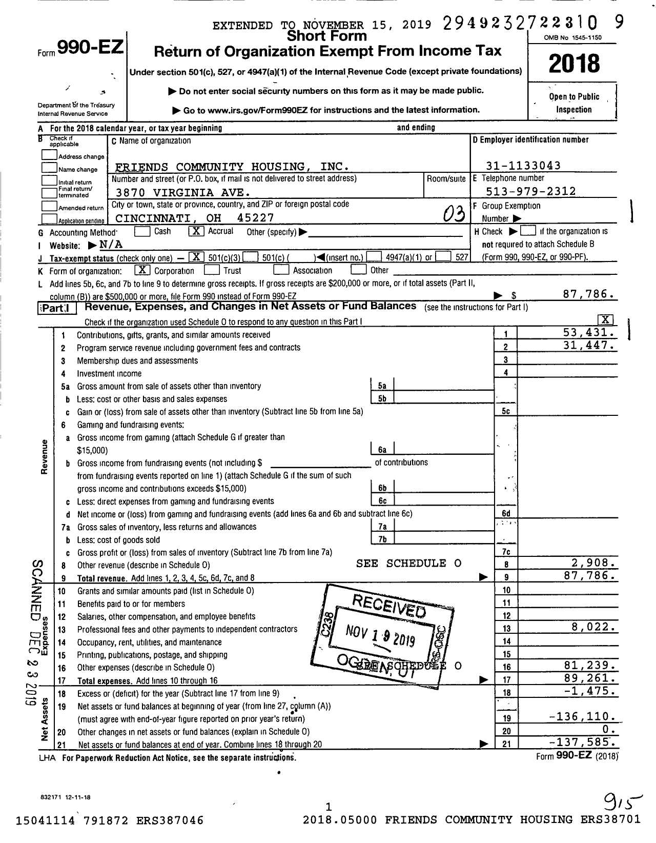 Image of first page of 2018 Form 990EZ for Friends Community Housing