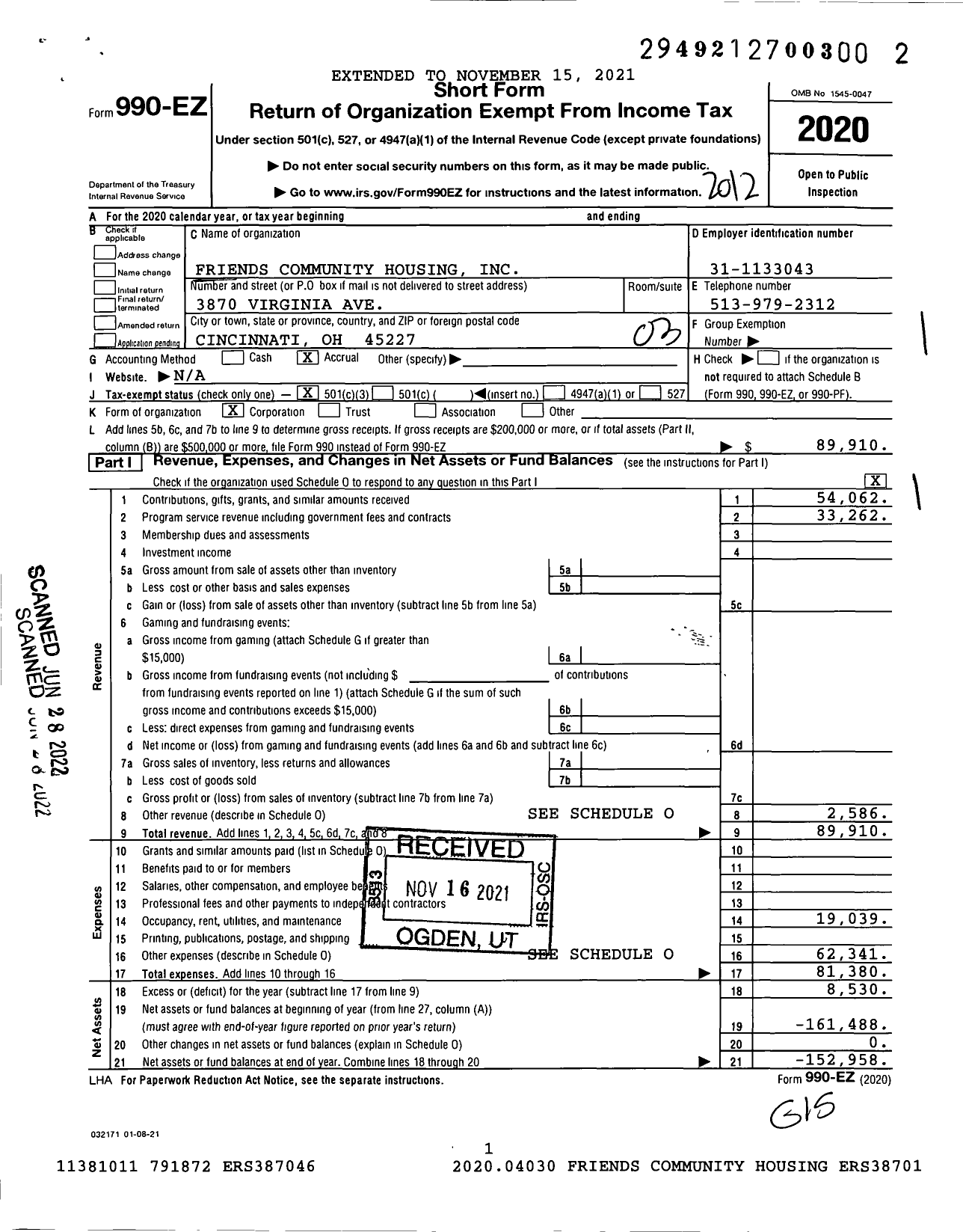 Image of first page of 2020 Form 990EZ for Friends Community Housing