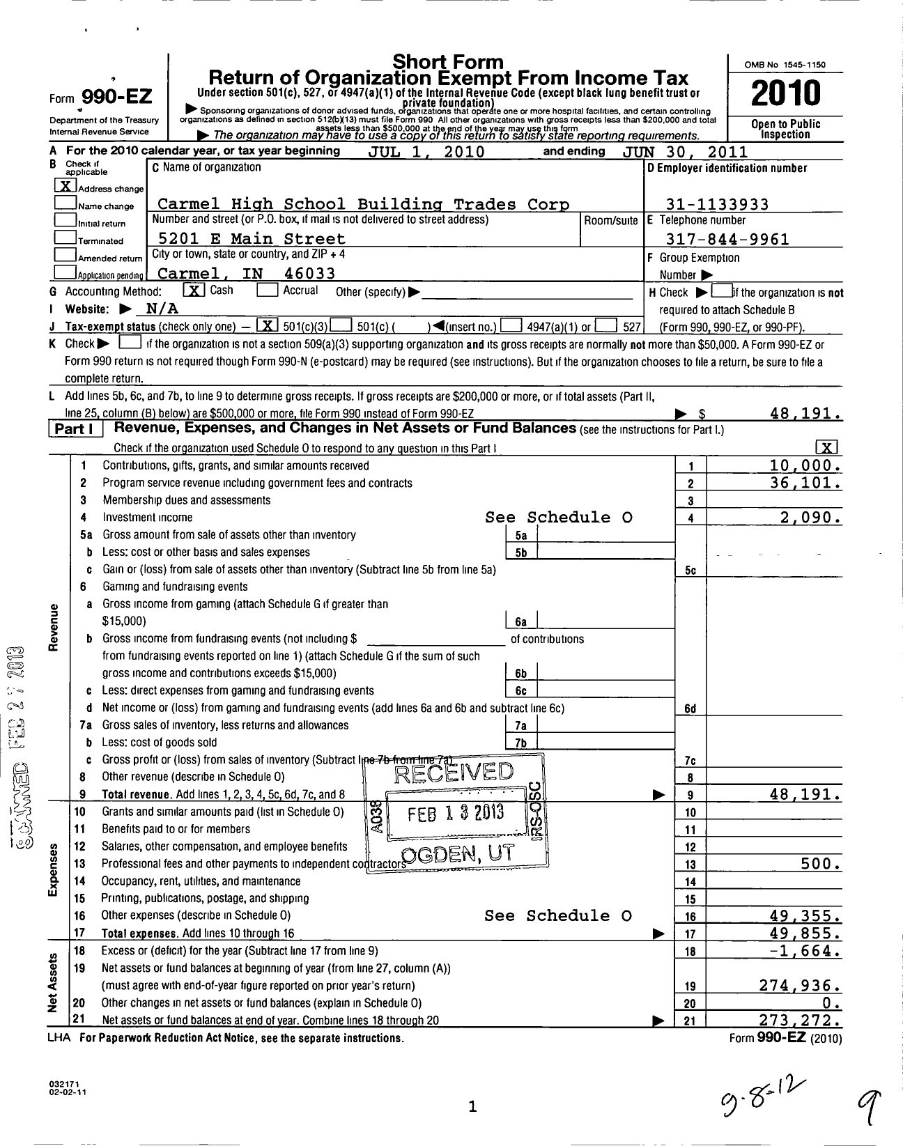 Image of first page of 2010 Form 990EZ for Carmel High School Building Trades Corp