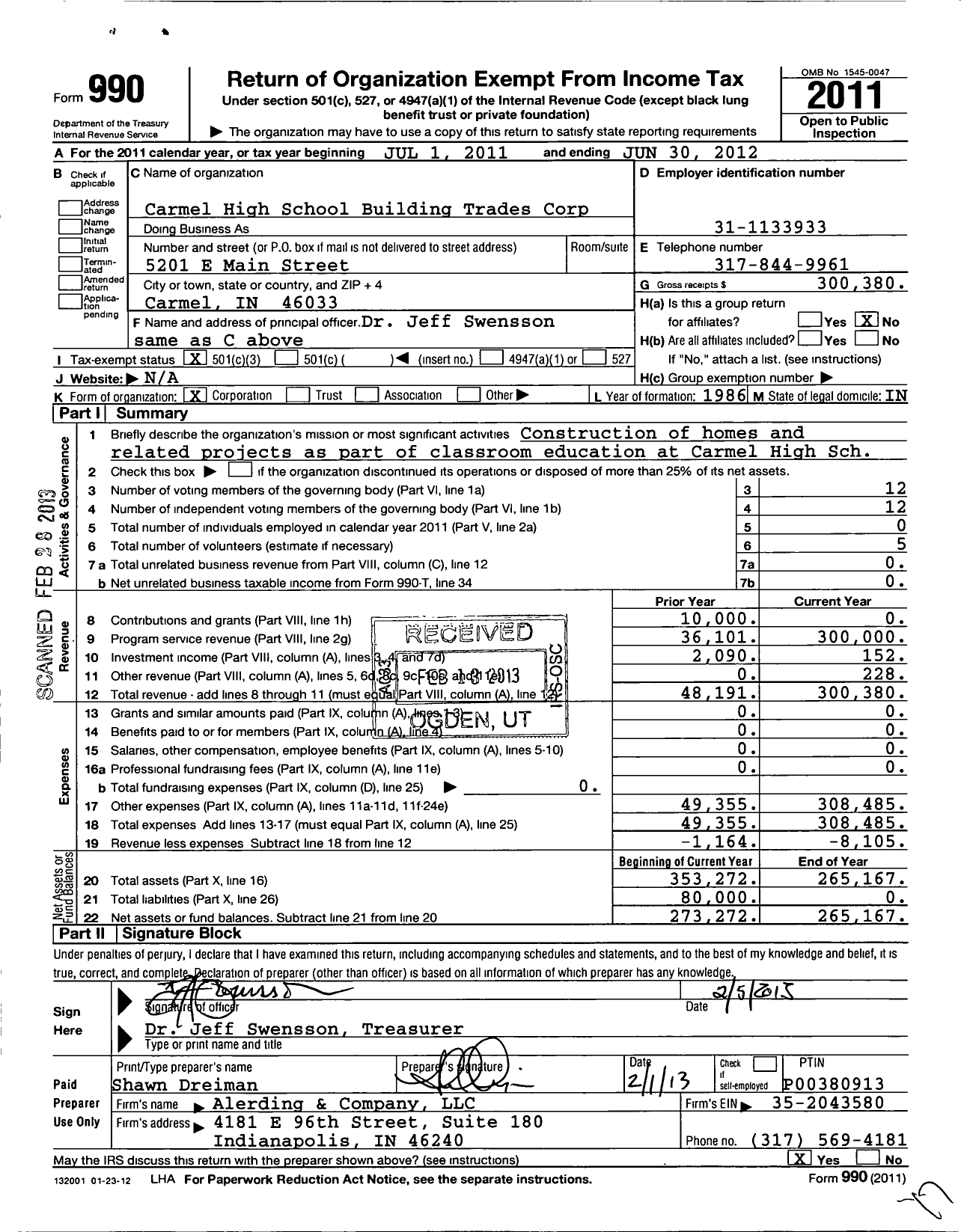 Image of first page of 2011 Form 990 for Carmel High School Building Trades Corp