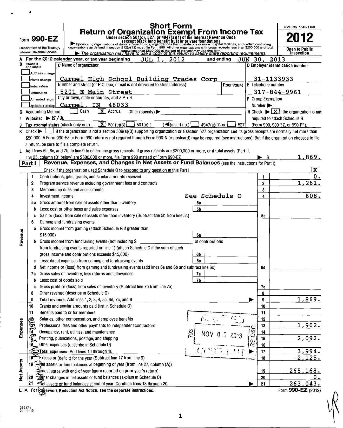 Image of first page of 2012 Form 990EZ for Carmel High School Building Trades Corp