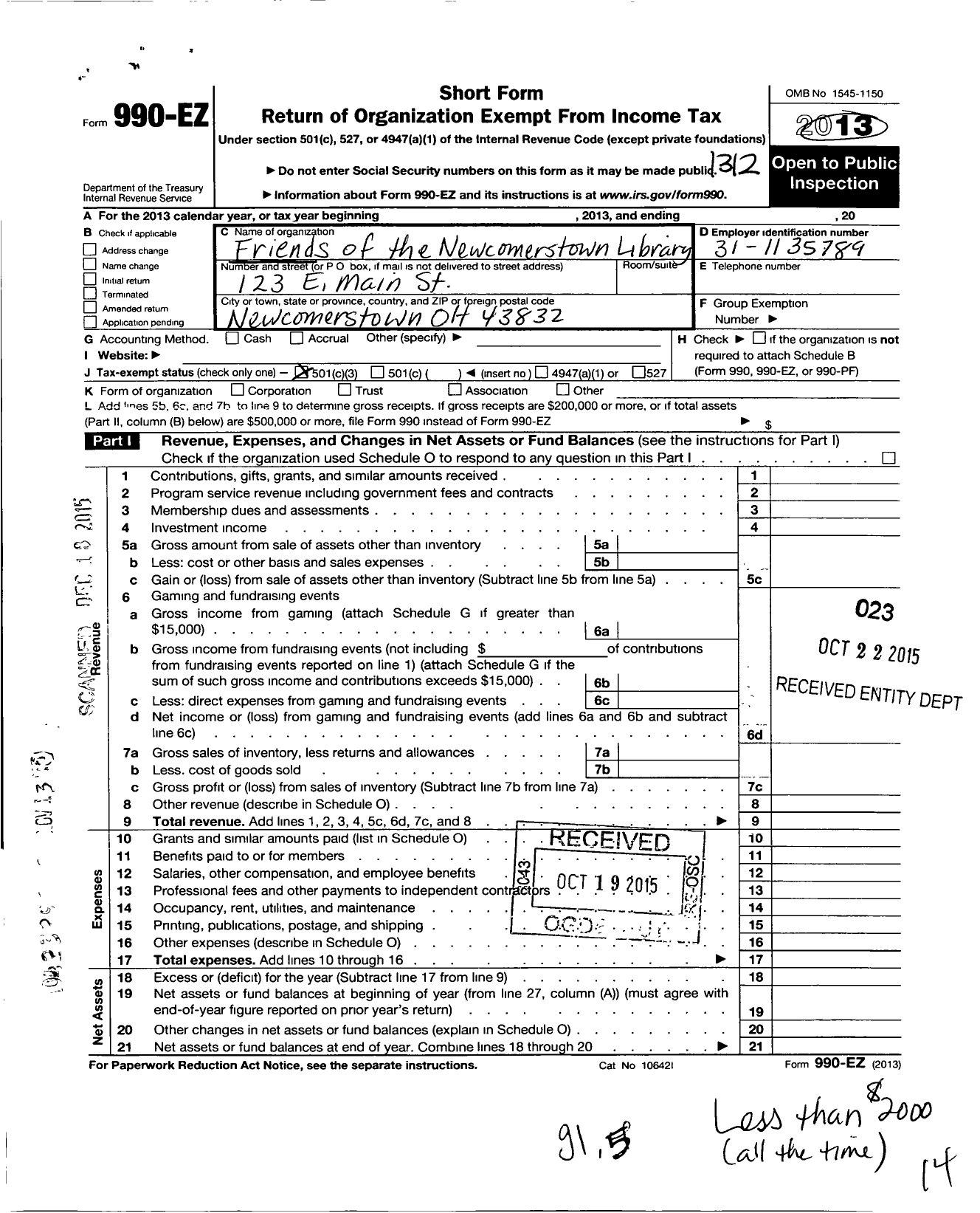 Image of first page of 2013 Form 990EZ for Friends of the Newcomerstown Public Library