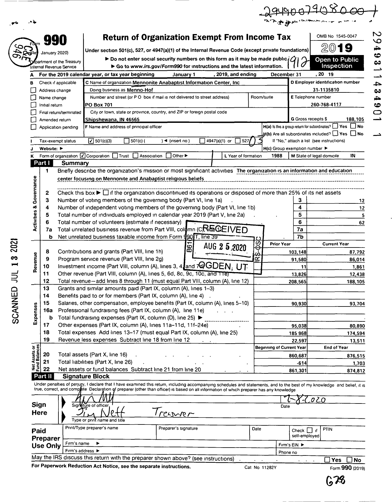 Image of first page of 2019 Form 990 for Menno-Hof