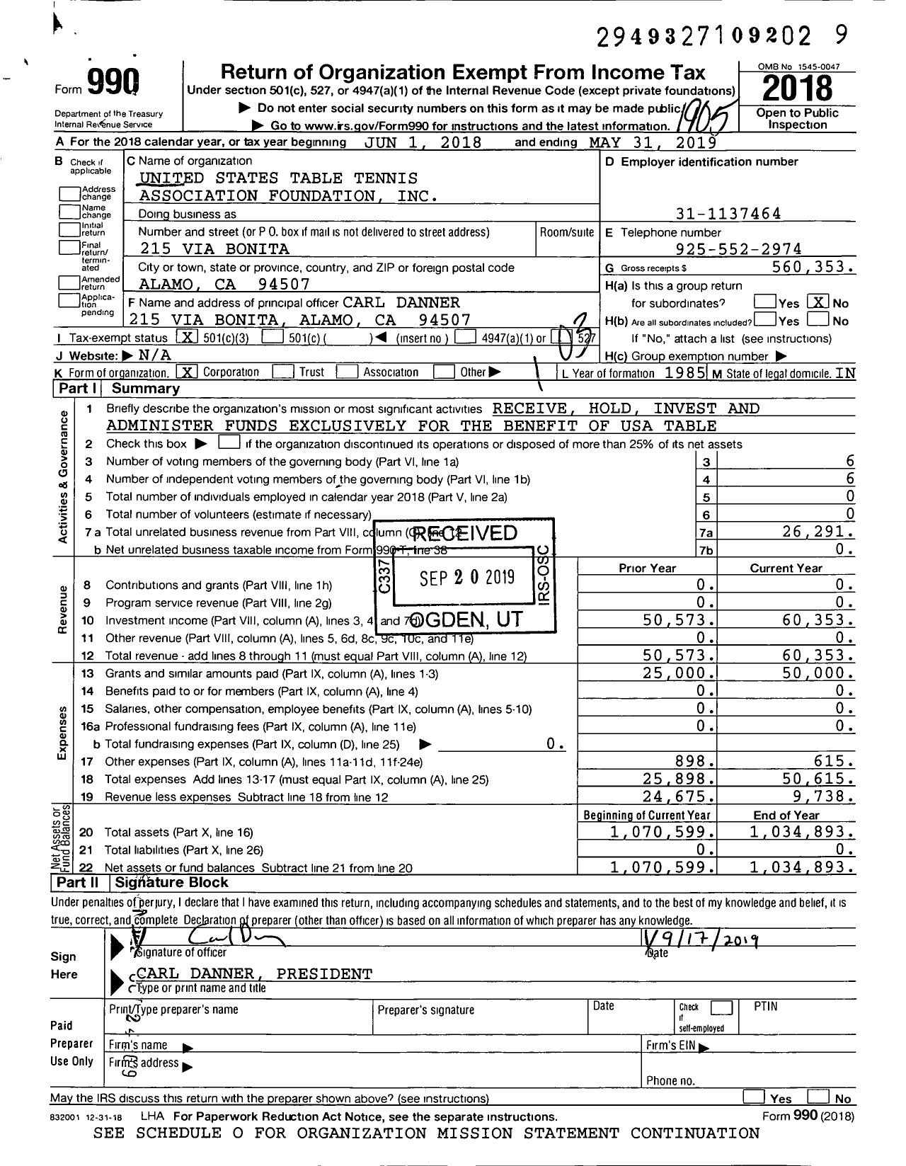 Image of first page of 2018 Form 990 for United States Table Tennis Association Foundation