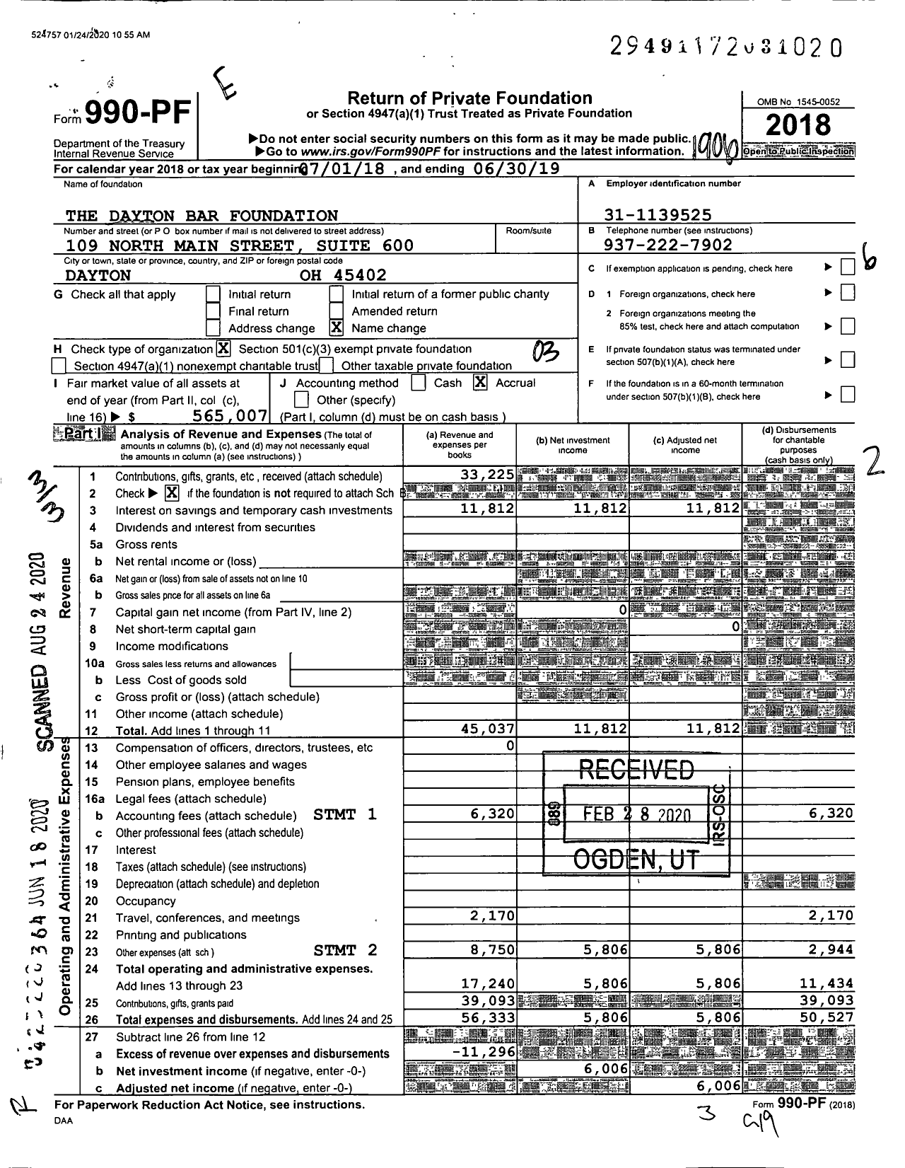 Image of first page of 2018 Form 990PR for The Dayton Bar Foundation