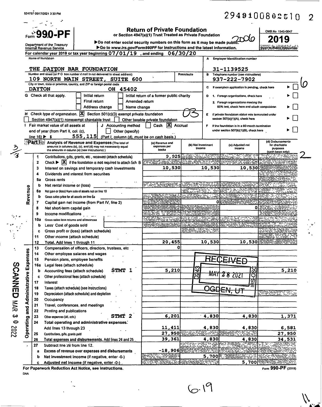 Image of first page of 2019 Form 990PF for The Dayton Bar Foundation