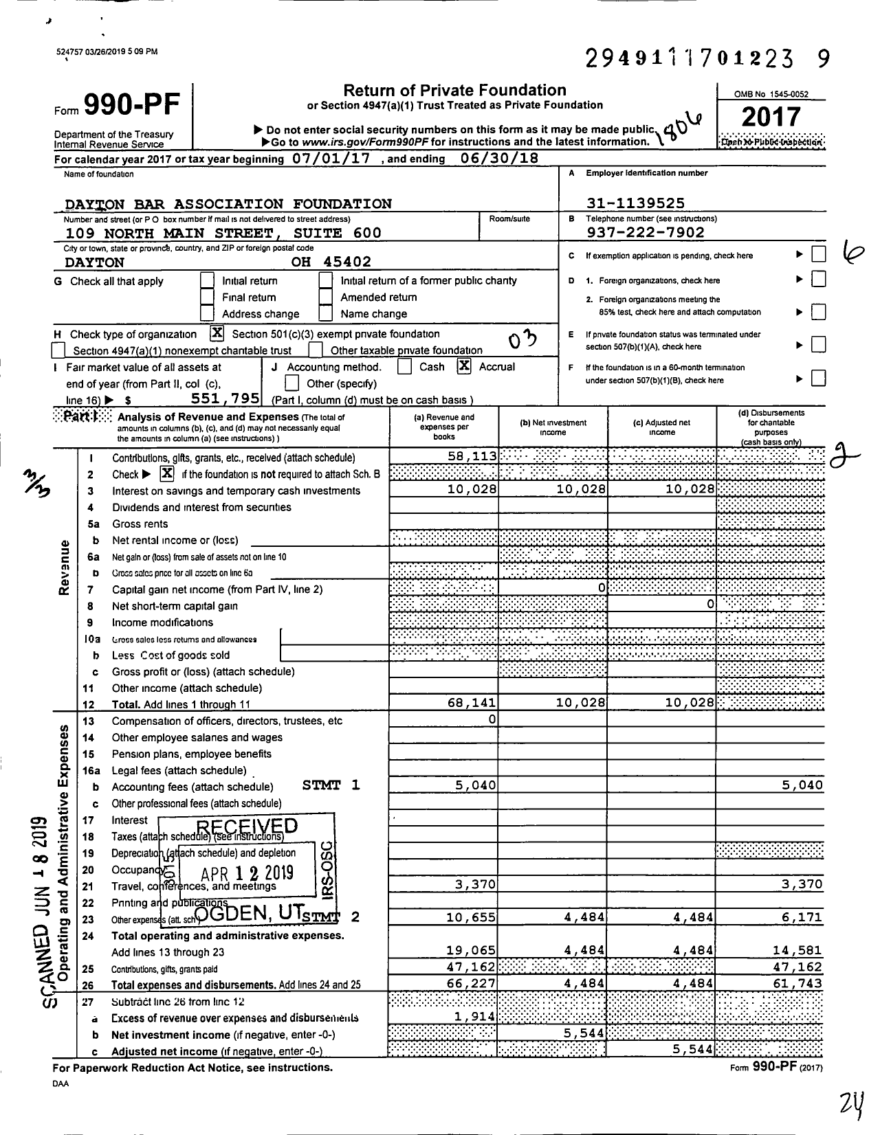 Image of first page of 2017 Form 990PF for The Dayton Bar Foundation