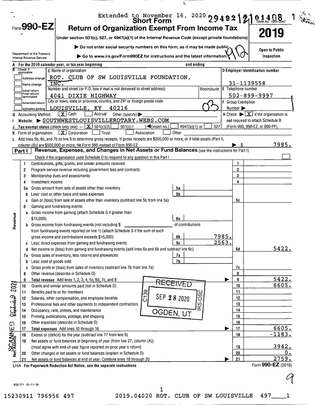 Image of first page of 2019 Form 990EZ for Rotary Club of SW Louisville Foundation