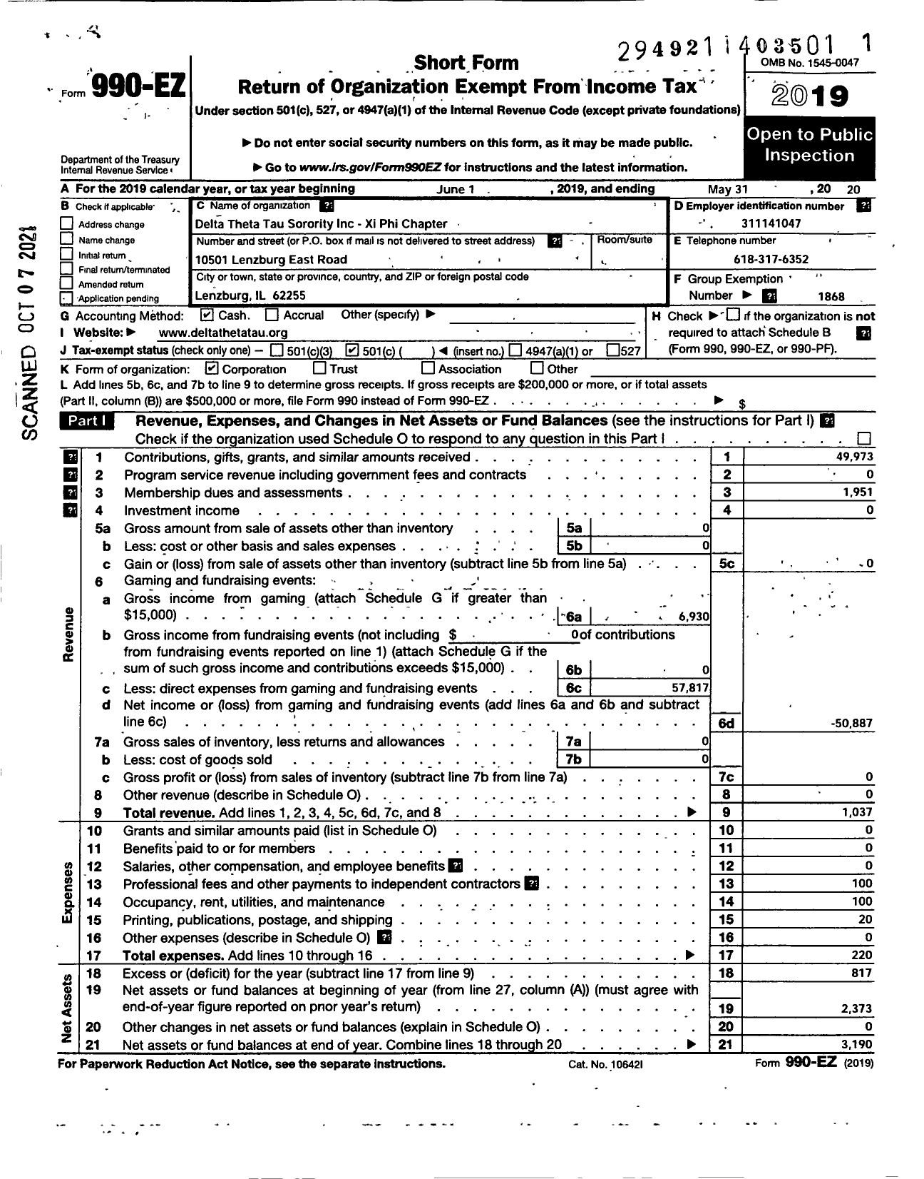 Image of first page of 2019 Form 990EO for Delta Theta Tau Sorority / Xi Phi Chapter