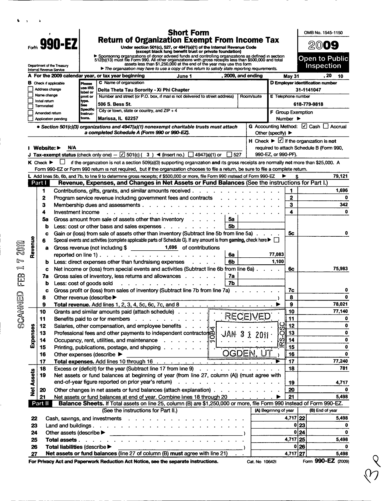 Image of first page of 2009 Form 990EZ for Delta Theta Tau Sorority / Xi Phi Chapter