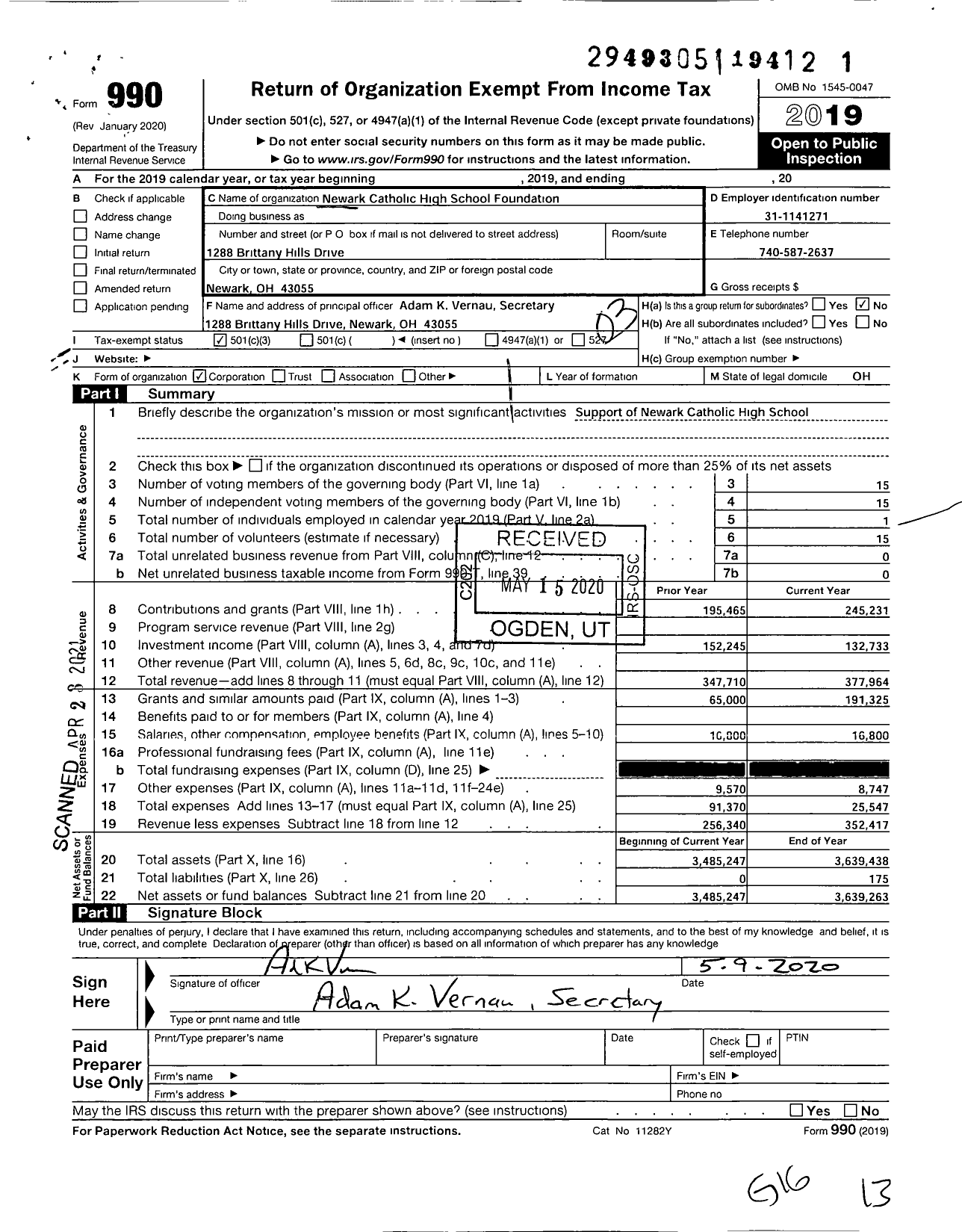 Image of first page of 2019 Form 990 for Newark Catholic High School Foundation