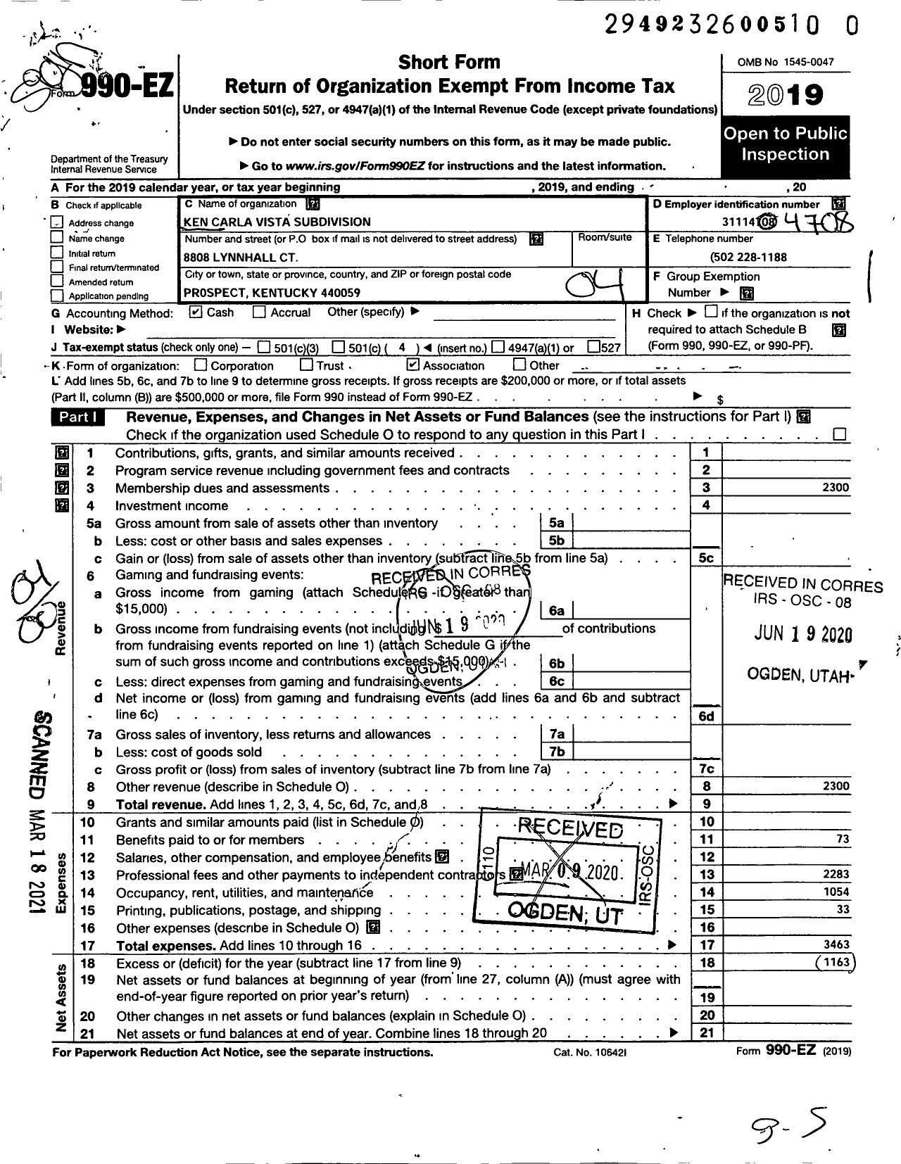 Image of first page of 2019 Form 990EO for Ken Carla Vista Subdivision Property Owners Association