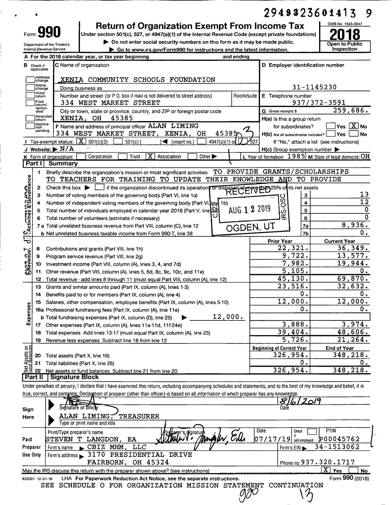 Image of first page of 2018 Form 990 for Xenia Community Schools Foundation