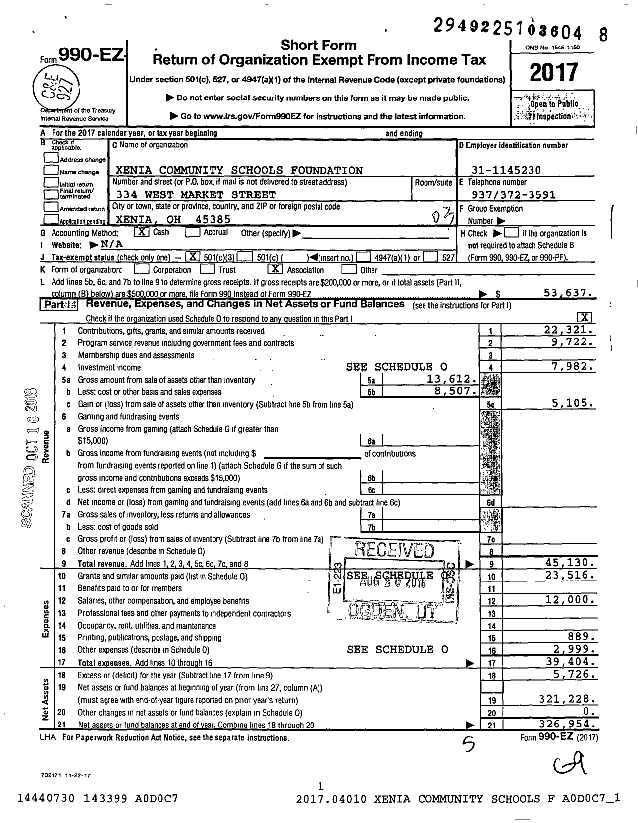 Image of first page of 2017 Form 990EZ for Xenia Community Schools Foundation