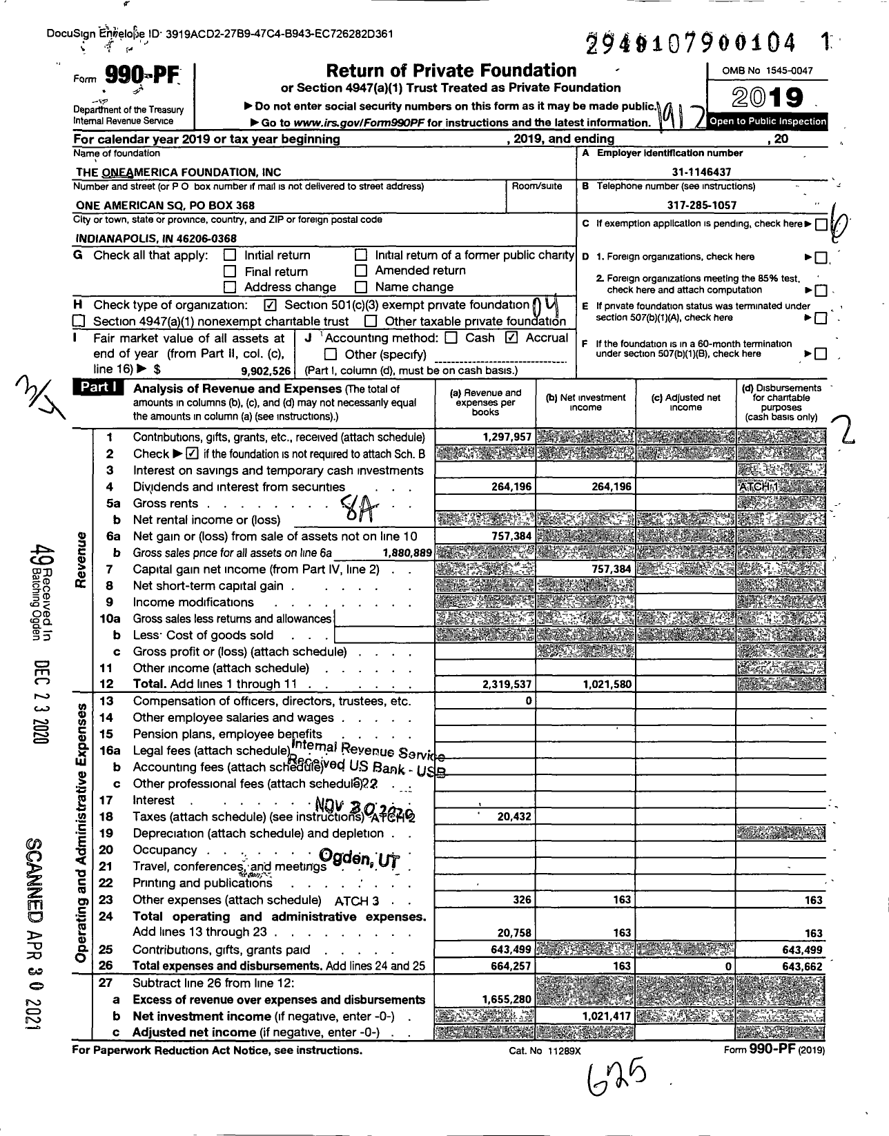 Image of first page of 2019 Form 990PF for OneAmerica Foundation
