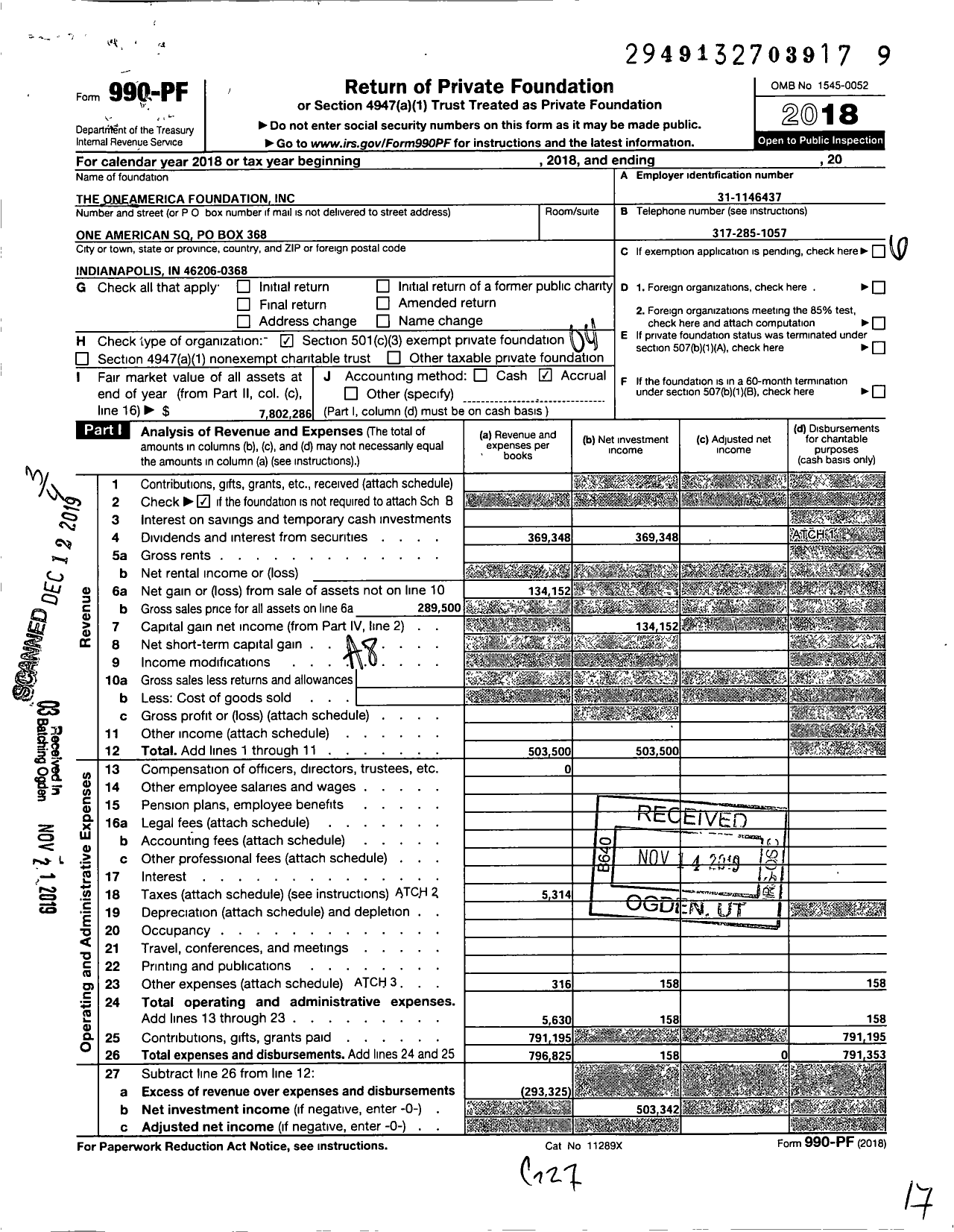 Image of first page of 2018 Form 990PF for OneAmerica Foundation