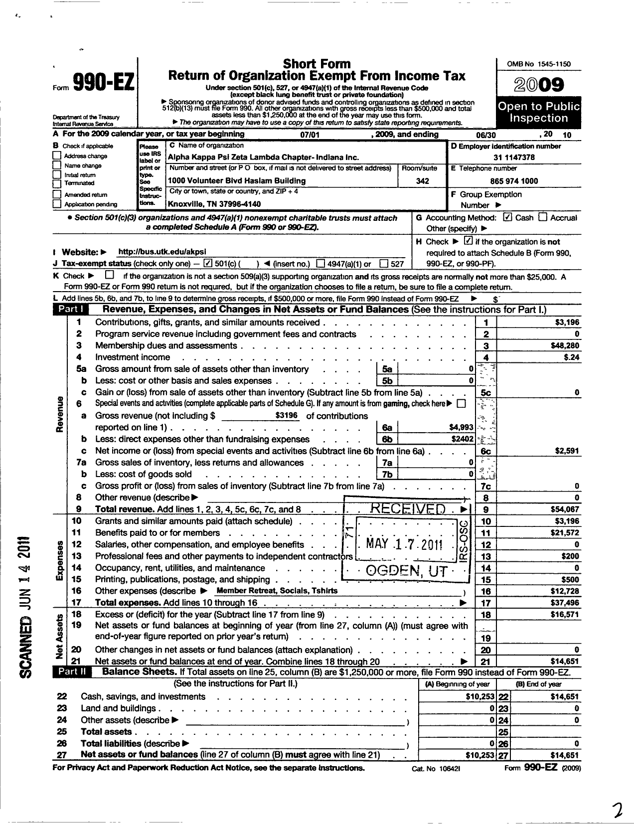 Image of first page of 2009 Form 990EO for Alpha Kappa Psi Fraternity / Zeta Lambda Chapter