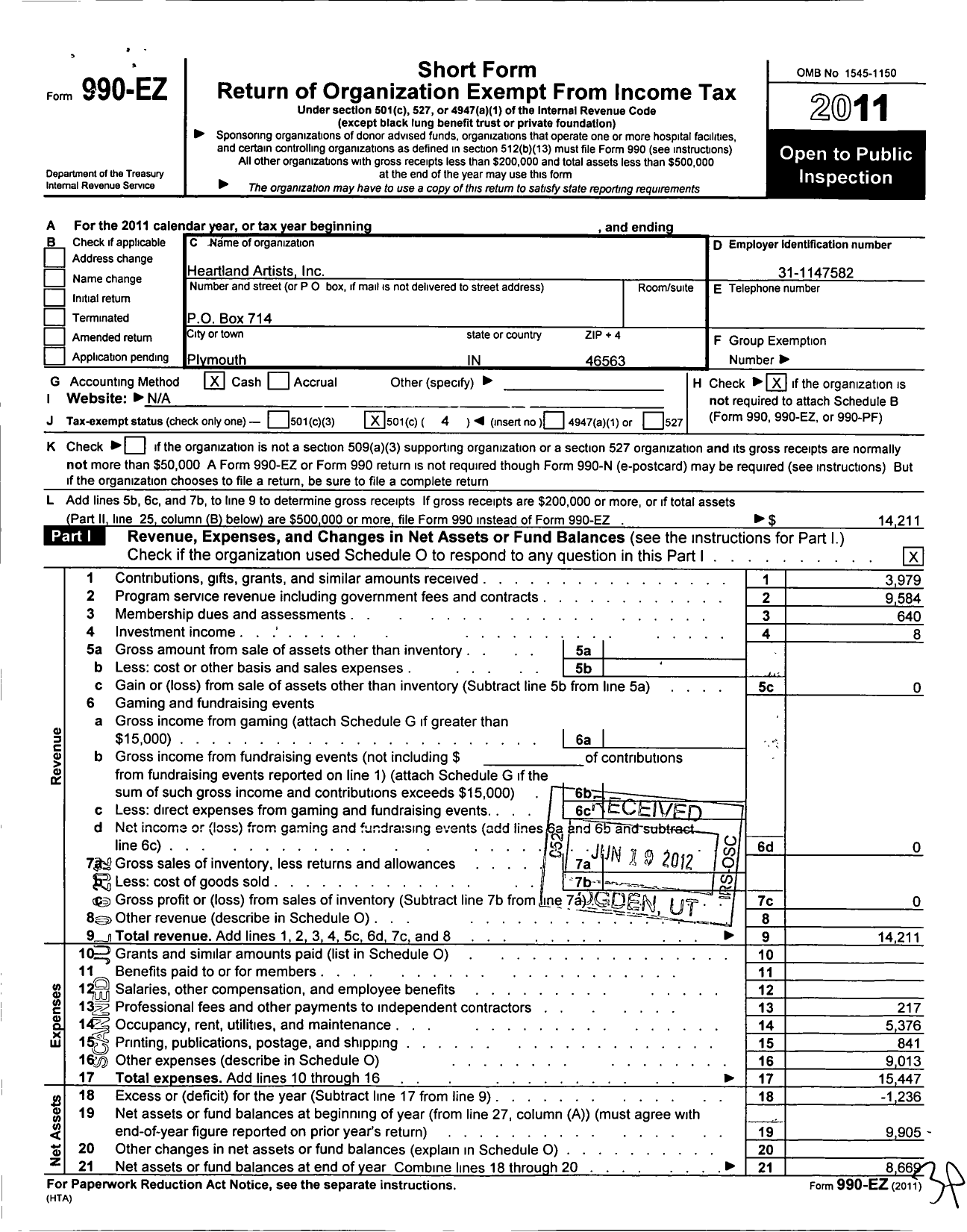 Image of first page of 2011 Form 990EO for Heartland Artists