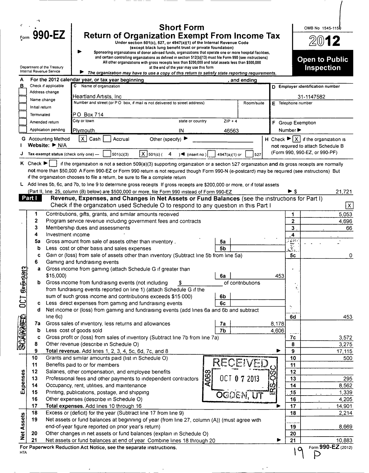 Image of first page of 2012 Form 990EO for Heartland Artists