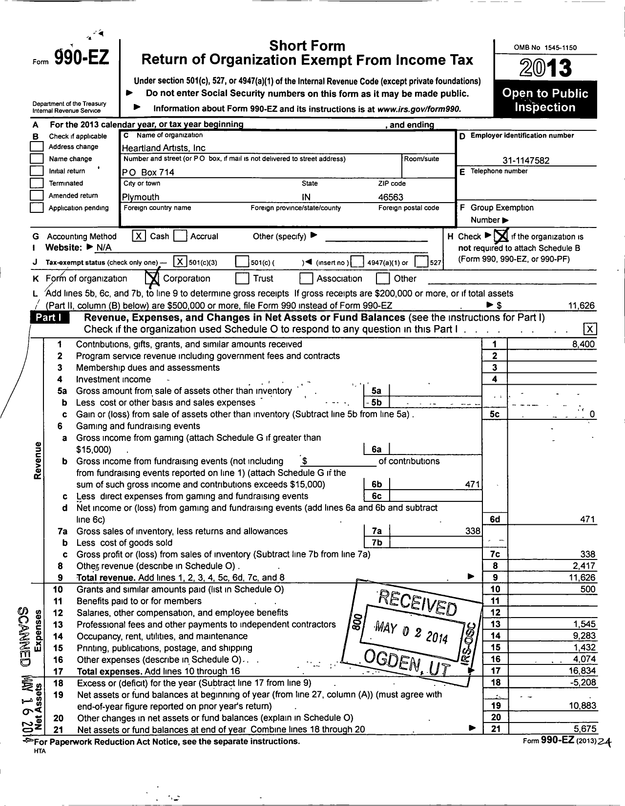 Image of first page of 2013 Form 990EZ for Heartland Artists