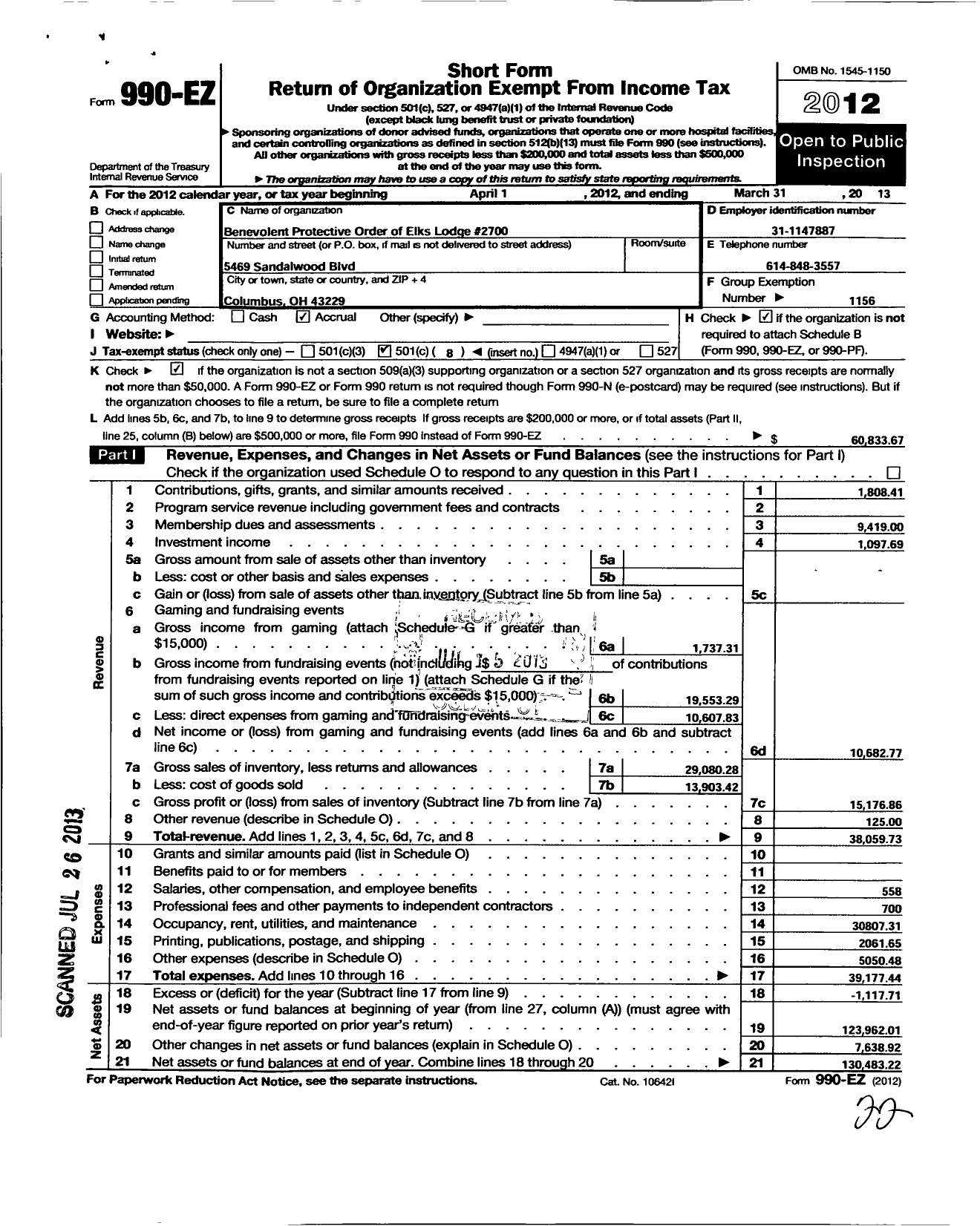 Image of first page of 2012 Form 990EO for Benevolent and Protective Order of Elks - 2700 Columbus North